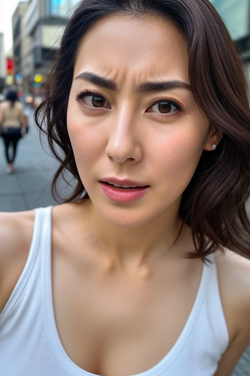 Beautiful Japanese actresses,1 girl,Flying debris,,Award-winning photo,  very detailed, Focus your eyes, Nose and mouth,Face Focus,  extreme close-up of face、 Age 35,Brown Hair、Symmetrical face, realistic nostrils 、 angle from below、Elongated C-shaped nostrils,(Sharp Nose)Sweaty skin、Shiny skin,(Brow wrinkles))（Cum on tongue)、((Thin eyebrows))Oily skin、Glowing Skin、double eyelid、、Beautiful woman、 medium hair、 shortcut 、Tank tops,I can see the sky、Shibuya Center Street、((( SHOW ME YOUR SIDE,throw))),Raise your eyebrows, (((Hold your mouth, Frowning, Crazy, Frowning))),  textured skin,Long upper arms,((Cry with your eyes open, , Drunk, The face of patience))Squat,Large Breasts,((Keep your arms up at all times、Please show me your armpits))Long arms,Frowningをする,odor,  stimulating , sad, sleepy, Frowning, The face of durability((Frowning, Raise your eyebrows, frown))