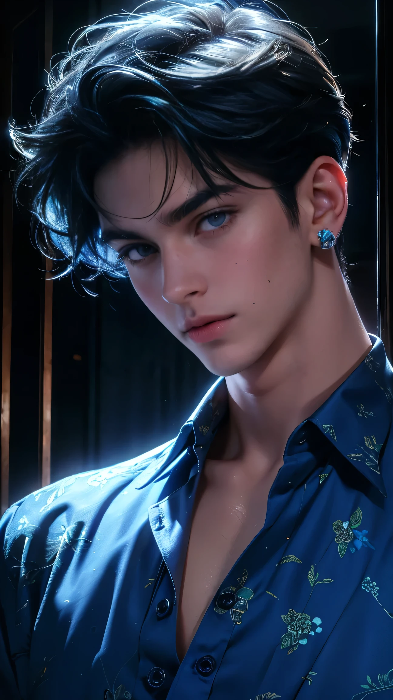 lovely, handsome 18 year old cute, tender and beautiful boy gay image for print most beautiful boy, extremely beautiful, most handsome, highly details, wearing sharp floral glowing shirt shar blue eye half shot, wearing jewlerys, ear rings chai, half portrait most handsome boy, extremely detailed eye, lip stick, focused blue eye sharp blue