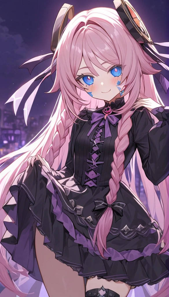 citlali ,シトラリ(genshin impact), 1girl,(twin tail),hair ribbon,very long hair,Smile(jiraikei (pink gothic Lolita:1.3)),skirt lift,lace up boots,outdoor,pink hair, parted bangs, very long hair, hair down, braids, hair ornament, facial Mark, blue eyes, pink pupils, glowing eyes, blush, beautiful detailed, hyper detail, masterpiece, best quality,bright, hair ornament, facial Mark,lighting forward,(moonlight),citlali,purple Geometric background