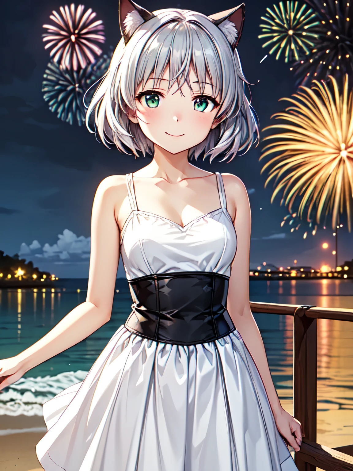 Best Quality, Very high quality, Sanya V. Litvyak、1 person, Alone、Black cat ears、Silver Hair、 very detailed face、smile、Closed Mouth,sea、beach、sea岸、night、綺麗なnight空、(firework,night空に咲く大輪のfirework:1.2)、 absolute reference to the center、(Dress, Long Skirt :1.5)、4Ｋ，8Ｋ,(Genuine、Genuine志向、写真Genuine志向:1.2）、 high res、超 high res、超 high resの絵画、 cowboy shot、