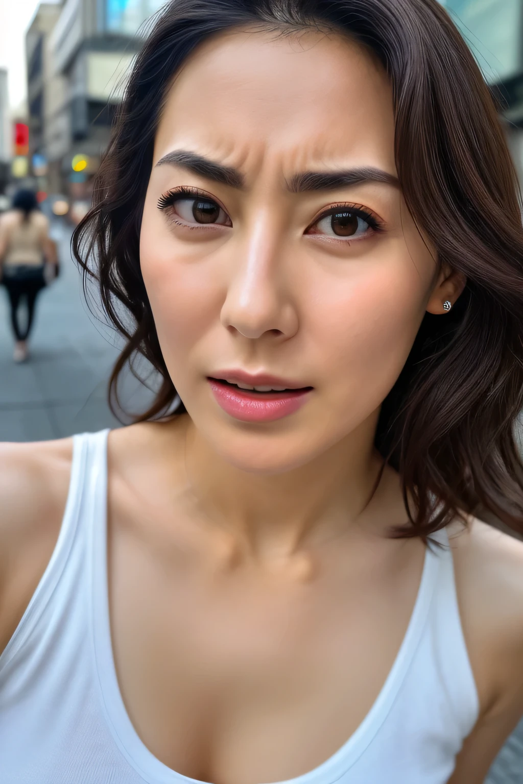 Beautiful Japanese actresses,1 girl,Flying debris,,Award-winning photo, very detailed, Focus your eyes, Nose and mouth,Face Focus, extreme close-up of face、 Age 35,Brown Hair、Symmetrical face, realistic nostrils 、 angle from below、Elongated C-shaped nostrils,(Sharp Nose)Sweaty skin、Shiny skin,(Brow wrinkles))(Cum on tongue)、((Thin eyebrows))Oily skin、Glowing Skin、double eyelid、、Beautiful woman、 medium hair、 shortcut 、Tank tops,I can see the sky、Shibuya Center Street、((( SHOW ME YOUR SIDE,throw))),Raise your eyebrows, (((Hold your mouth, Frowning, Crazy, Frowning))), textured skin,Long upper arms,((Cry with your eyes open, , Drunk, The face of patience))Squat,Large Breasts,((Keep your arms up at all times、Please show me your armpits))Long arms,Frowningをする,odor, stimulating , sad, sleepy, Frowning, The face of durability((Frowning, Raise your eyebrows, frown))