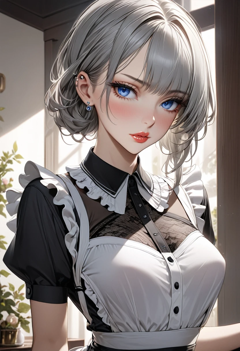 ((best quality)), ((masterpiece)), (detailed), 1 woman, Slim, curvy young woman, (Long Ash gray hair), (piercing blue eyes), (high cheekbones), (delicate neck), (slender build), (porcelain skin), (full lips), (rosebud complexion), (early 30’s), (maid), (female), (seductress), (shirt lift up), black lace panties