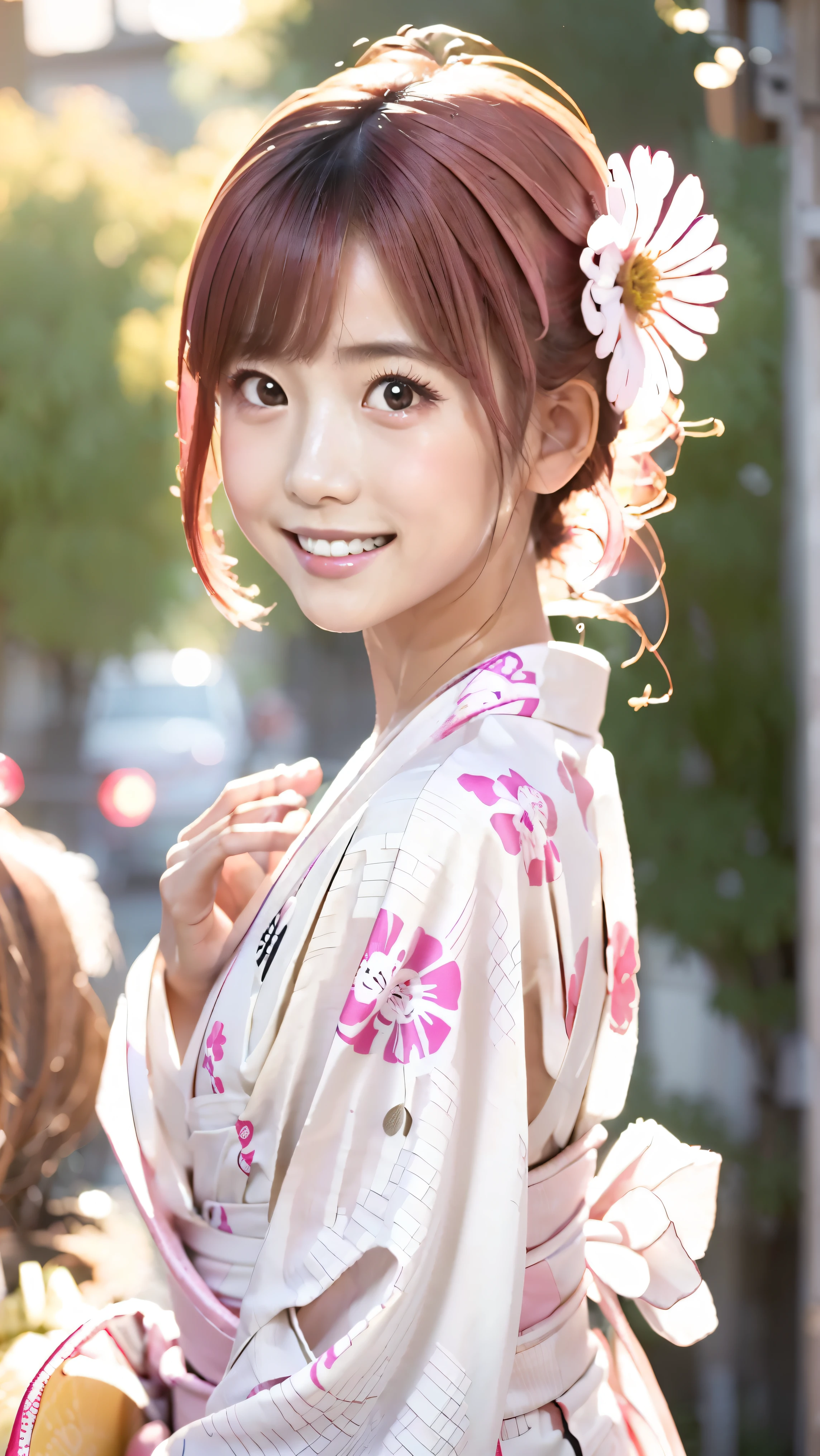 girl in  white patterned yukata  robe, White flower kimono , Waving to the camera, (hair (Bright pink,  amazing pink , Bright pink short)), (8k, Best Quality, High image quality, Masterpiece, No light, ish face, Small breasts, A careful balance,  I'm watching the audience , Big Eyes,  Symmetrical eyes , Smiling with teeth showing, Yukata, Japanese Kimono, White flower kimono ,  white patterned yukata , Realistic Skin, Hydrated Skin,  perfect model figure , Realistic, RAW Photos, Japanese Girls, Very cute, Upper body image, Front Pose)