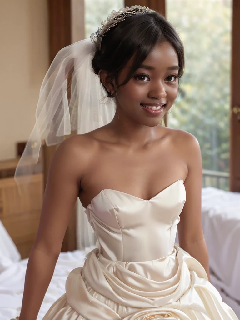 A Indian girl, black ponytail, (black skin:1.4), BREAK, baby face, standing, (satin princess dress, white wedding dress:1.4), BREAK, (wedd00ing:1.2), (tiny tits, tt_flat), ((shooting from side)), armpit, smiling,+ bedroom, 