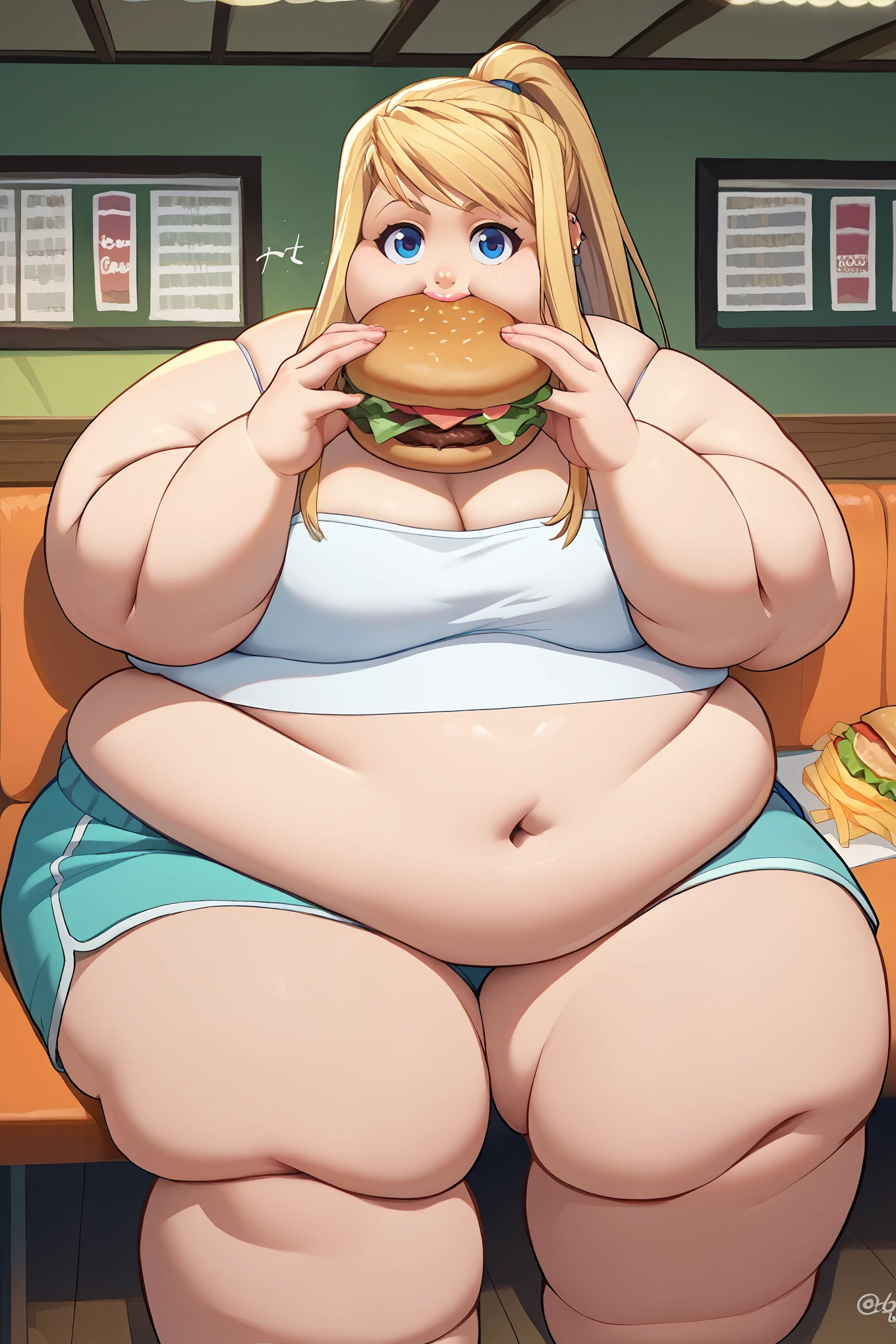 score_9, score_8_up, score_7_up, score_6_up, source_anime BREAK 1girl, solo  winry rockbell, blonde hair, earrings, ponytail, white camisole, frills, dolphin shorts, sitting,  jermaWhopper, eating, burger, looking at you, upper body, fat, chubby, obese, big lips, fat arms, fat legs, full body shot 