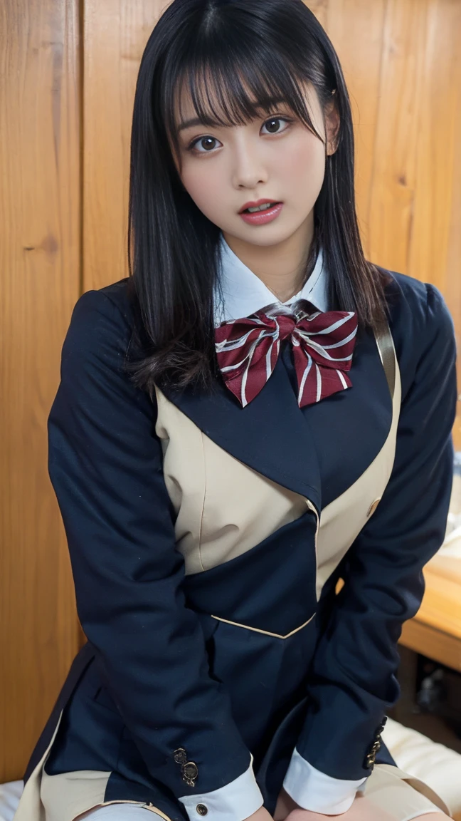 a closeup, masterpiece, top-quality, FULL ANATOMY、Raw foto, Photorealsitic、(Cute little face:1.8)、(Very cute smile:1.7)、(with round face:1.9)、(She looks like an idol and is cute:1.7), (A dark-haired)、(cute school uniform:1.7), depth of fields, hight resolution, ultra-detailliert, finely detail, ighly detailed, extremely detailed eye and face, Realistic pupils, foco nítido, Cinematic lighting、18-year-old woman、(One lady、Only one person、独奏、without background:1.7)、 (poneyTail、curlyhair:1.4)、Very detailed 8k wallpaper、Show me your whole body、Looking at the camera、(Too short plaid pleated skirt、I can see the white panties、Plump panties、Lift the hem of the skirt with both hands、Showing her panties to the camera:1.7)、(Pink Fishnet Stockings)、(Brown Long Boots:1.4)、is standing、Angle from below、(Thigh close-up:1.6)、(Nice figure、big breasts thin waist)、(Clothes with emphasized chest bulge、Colossal tits:1.6)、depth of fields、Bokeh in the background