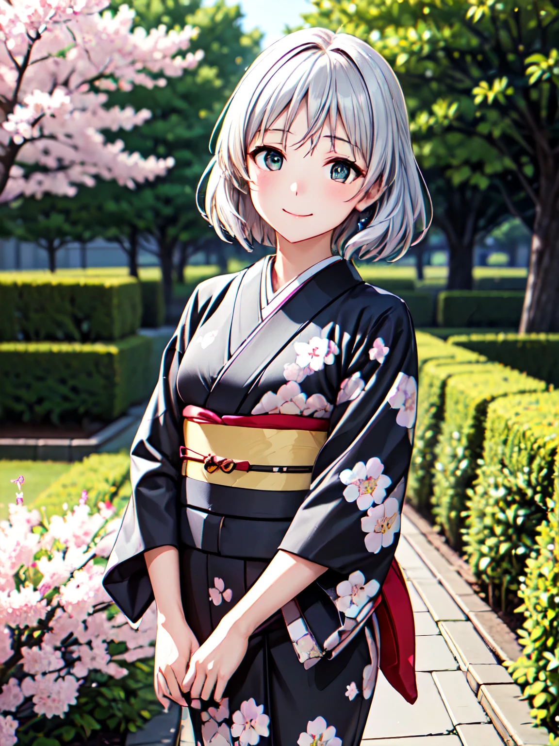 Best Quality, Very high quality,Embarrassed、 Sanya V. Litvyak、1 person, Alone、Silver Hair、 very detailed face、smile、Closed Mouth,garden、cherry blossoms、Beautiful cherry blossoms blooming beautifully 、stroll,(Japanese Kimono:1.3),　Highest quality、smile4Ｋ，8Ｋ,(Genuine、Genuine志向、写真Genuine志向:1.5）、 high res、超 high res、Ultra-high definition paintings、 Attractive beautiful eyes、 ( beautiful eyes drawn in detail:1.2), Ultra-detailed, figure, beautiful detailed eyes,