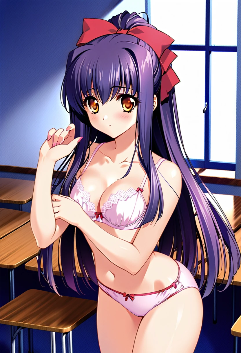 girl, breasts, bra, solo, navel, underwear, black bra, long hair, panties, indoors, black panties, cleavage, looking at viewer, twintails, collarbone, underwear only, cowboy shot, stomach, lace-trimmed bra, bow panties, closed mouth, lace trim, low twintails, bow, bow bra, blush, lace-trimmed panties, arms behind back, bangs, smile, standing, aqua eyes, black hair, classroom, toujou nozomi, medium breasts