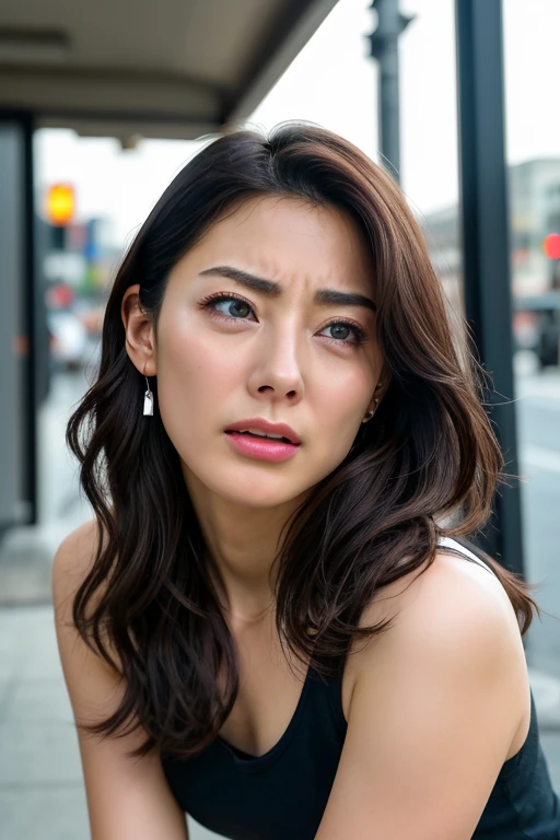 Beautiful Japanese actresses,1 girl,Flying debris,,Award-winning photo,  very detailed, Focus your eyes, Nose and mouth,Face Focus,  extreme close-up of face、 Age 35,Brown Hair、Symmetrical face, realistic nostrils 、 angle from below、Elongated C-shaped nostrils,(Sharp Nose)Sweaty skin、Shiny skin,(Brow wrinkles))（Cum on tongue)、((Thin eyebrows))Oily skin、Glowing Skin、double eyelid、、Beautiful woman、 medium hair、 shortcut 、Tank tops,I can see the sky、Shibuya Center Street、((( SHOW ME YOUR SIDE,throw))),Raise your eyebrows, (((Hold your mouth, Frowning, Crazy, Frowning))),  textured skin,Long upper arms,((Cry with your eyes open, , Drunk, The face of patience))Squat,Large Breasts,((Keep your arms up at all times、Please show me your armpits))Long arms,Frowningをする,odor,  stimulating , sad, sleepy, Frowning, The face of durability((Frowning, Raise your eyebrows, frown))