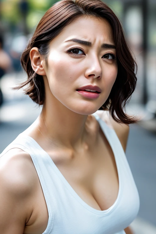 Beautiful Japanese actresses,1 girl,Flying debris,,Award-winning photo,  very detailed, Focus your eyes, Nose and mouth,Face Focus,  extreme close-up of face、 Age 35,Brown Hair、Symmetrical face, realistic nostrils 、 angle from below、Elongated C-shaped nostrils,(Sharp Nose)Sweaty skin、Shiny skin,(Brow wrinkles))（Cum on tongue)、((Thin eyebrows))Oily skin、Glowing Skin、double eyelid、、Beautiful woman、 medium hair、 shortcut 、Tank tops,I can see the sky、Shibuya Center Street、((( SHOW ME YOUR SIDE,throw))),Raise your eyebrows, (((Hold your mouth, Frowning, Crazy, Frowning))),  textured skin,Long upper arms,((Cry with your eyes open, , Drunk, The face of patience))Squat,Large Breasts,((Keep your arms up at all times、Please show me your armpits))Long arms,Frowningをする,odor,  stimulating , sad, sleepy, Frowning, The face of durability((Frowning, Raise your eyebrows, frown))