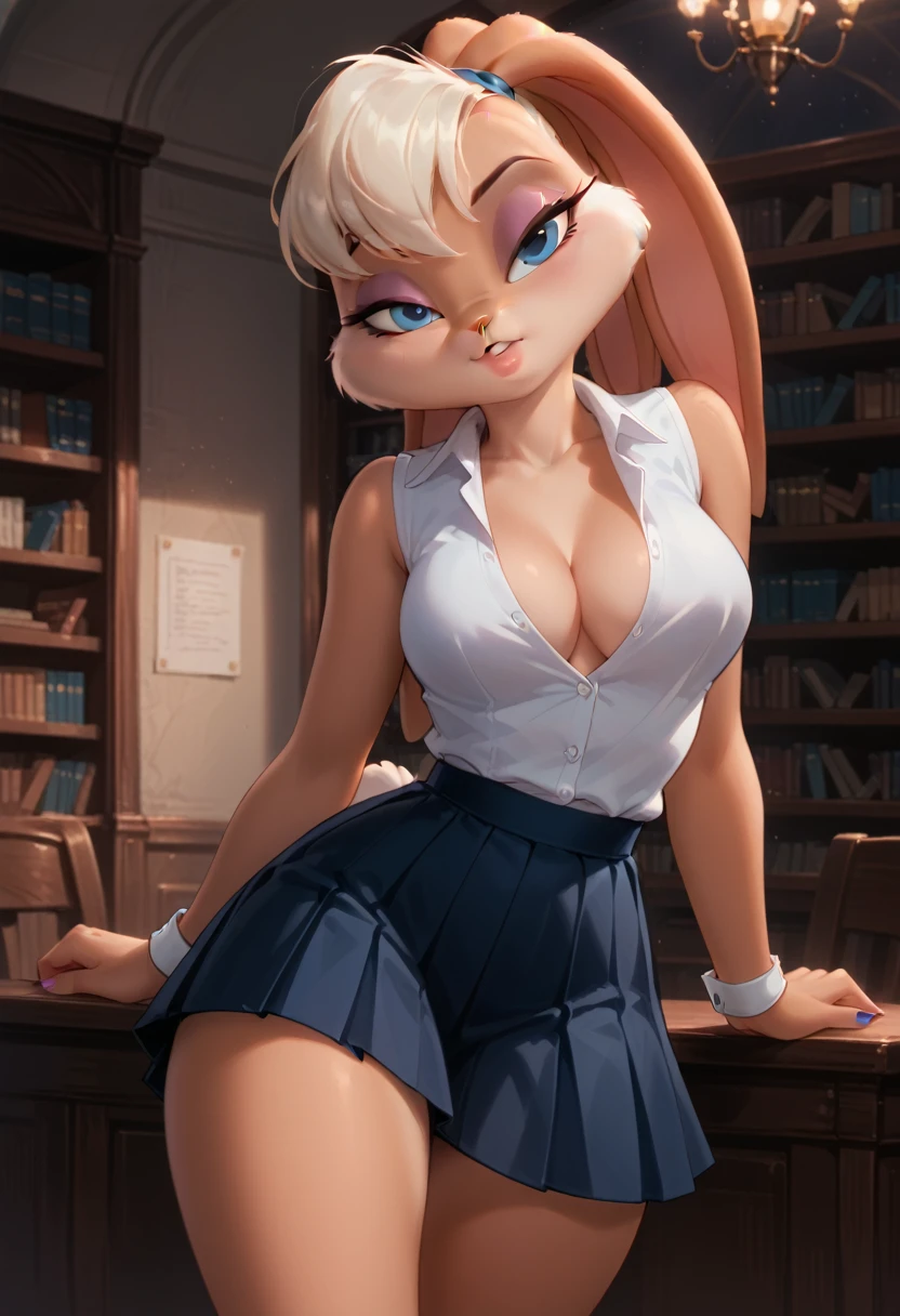 score_9, score_8_up, score_7_up, 1girl, solo, very sexy (lolabunny, furry female, rabbit ears, rabbit girl, animal nose, blue eyes, body fur, tail:1.3), beautiful waifu, school uniform, sleeveless shirt, pleated skirt, grey skirt, short skirt, collared shirt, cleavage, confident, seductive, flirt, gaze, sexy look, head tilt, filled lips, thick lips, sexy pout, standing, in library, leaning against reception desk, legs crossed:1.2), model pose, sexy pose, elegant, glamorous, dimly lit, expressiveh d4rk01l, perfect hands, perfect proportions, low angle.