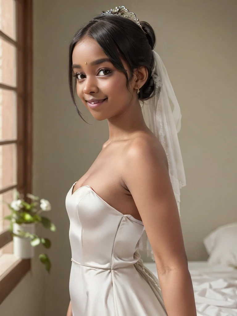 A Indian girl, black ponytail, (black skin:1.4), BREAK, baby face, standing, (satin princess dress, white wedding dress:1.4), BREAK, (wedd00ing:1.2), (tiny tits, tt_flat), ((shooting from side)), armpit, smiling,+ bedroom, 