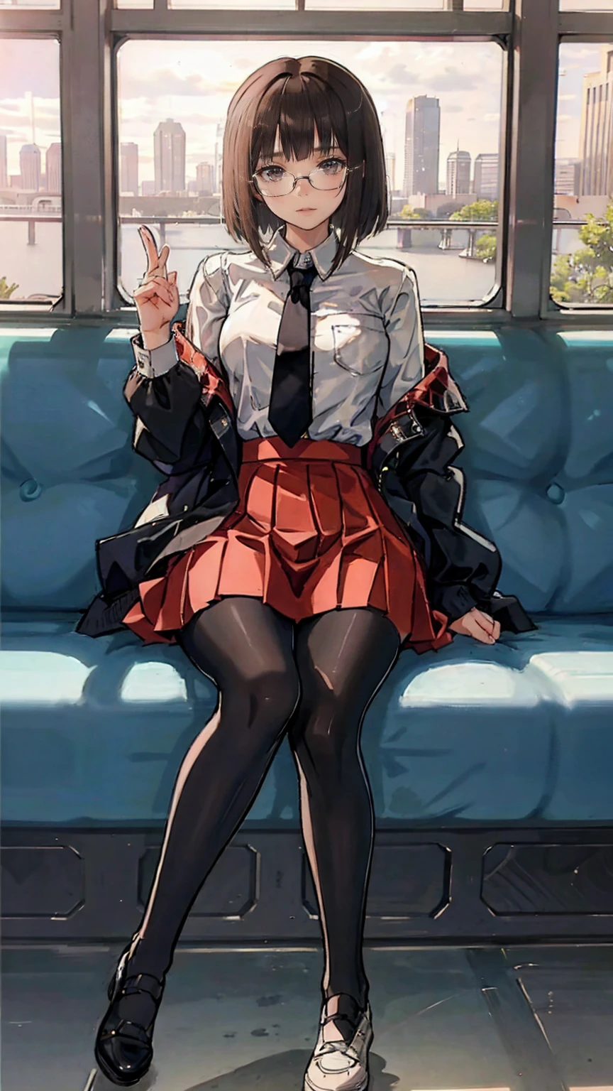 an anime girl with Glasses and a skirt sits on ground and poses, 1 girl , Alone, skirt, Have, shirt, white shirt, pantyhose, Red eyes, Glasses, Black Hair , shoes, red skirt, Check pattern skirt, Viewers, Open clothes, Check pattern, collared shirt, , Long sleeve, Mouth closed, Sitting, black pantyhose, indoor, bangs, short hair, 黒縁Glasses, Brown Jacket, Off the shoulder,Add XL @Sparkling
