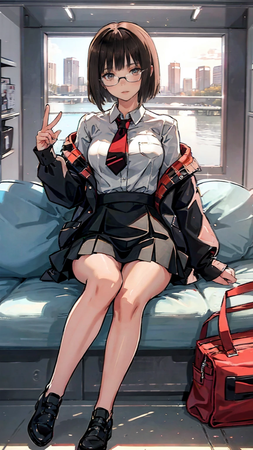 an anime girl with Glasses and a skirt sits on ground and poses, 1 girl , Alone, skirt, Have, shirt, white shirt, pantyhose, Red eyes, Glasses, Black Hair , shoes, red skirt, Check pattern skirt, Viewers, Open clothes, Check pattern, collared shirt, , Long sleeve, Mouth closed, Sitting, black pantyhose, indoor, bangs, short hair, 黒縁Glasses, Brown Jacket, Off the shoulder,Add XL @Sparkling
