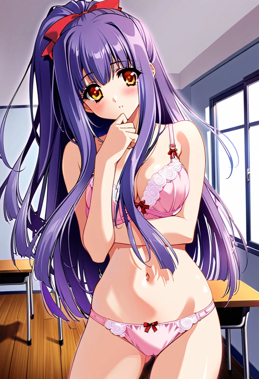 Hoshino Ai, long hair, purple hair, streaked hair ,purple eyes, star-shaped pupils, hair ornament, (masterpiece), best quality, expressive eyes, perfect face, anime girl with purple shiny hair and bikini, medium_oppai, beautiful alluring anime woman, female anime character, official anime still, beautiful alluring anime , anime best girl, attractive anime girl, oppai proportions, 1 girl, with fangs, teeth fangs, sexy pose
