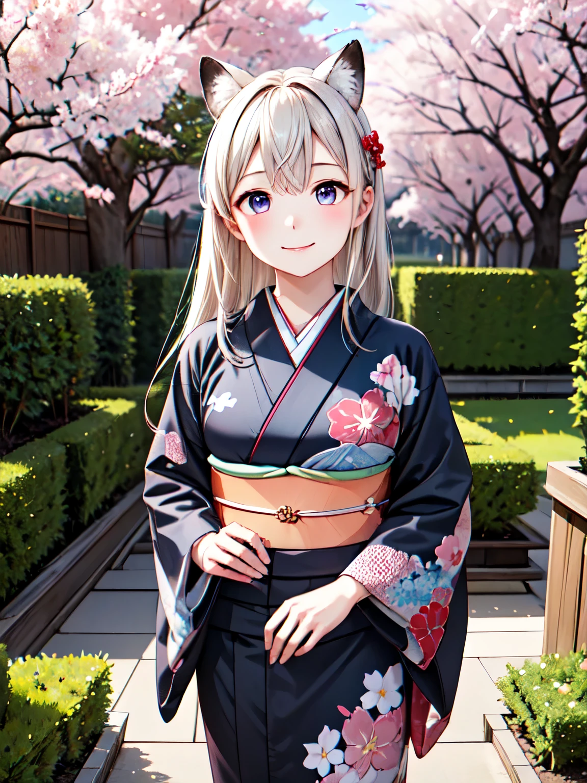 Best Quality,  very high quality, Eila Ilmatar、1 person, Alone、black fox ears 、Golden Hair、Long Hair、 very detailed face、smile、Closed Mouth,garden、cherry blossoms、Beautiful cherry blossoms blooming beautifully 、stroll,(Japanese Kimono:1.3),　Highest quality、smile4Ｋ，8Ｋ,(Genuine、Genuine志向、写真Genuine志向:1.5）、 high res、超 high res、Ultra-high definition paintings、 Attractive beautiful eyes、 ( beautiful eyes drawn in detail:1.2), Ultra-detailed, figure, beautiful detailed eyes,