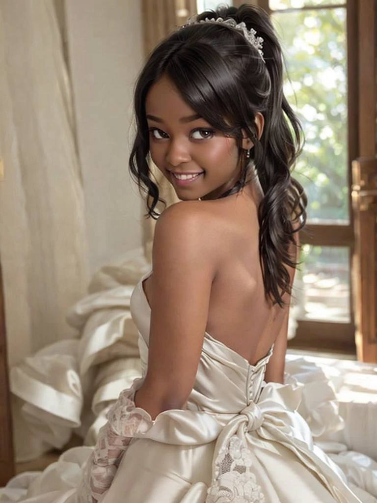 A Indian girl, black ponytail, (black skin:1.4), BREAK, baby face, standing, (satin princess dress, white wedding dress:1.4), BREAK, (wedd00ing:1.2), (tiny tits, tt_flat), ((shooting from side)), armpit, smiling,+ bedroom, 