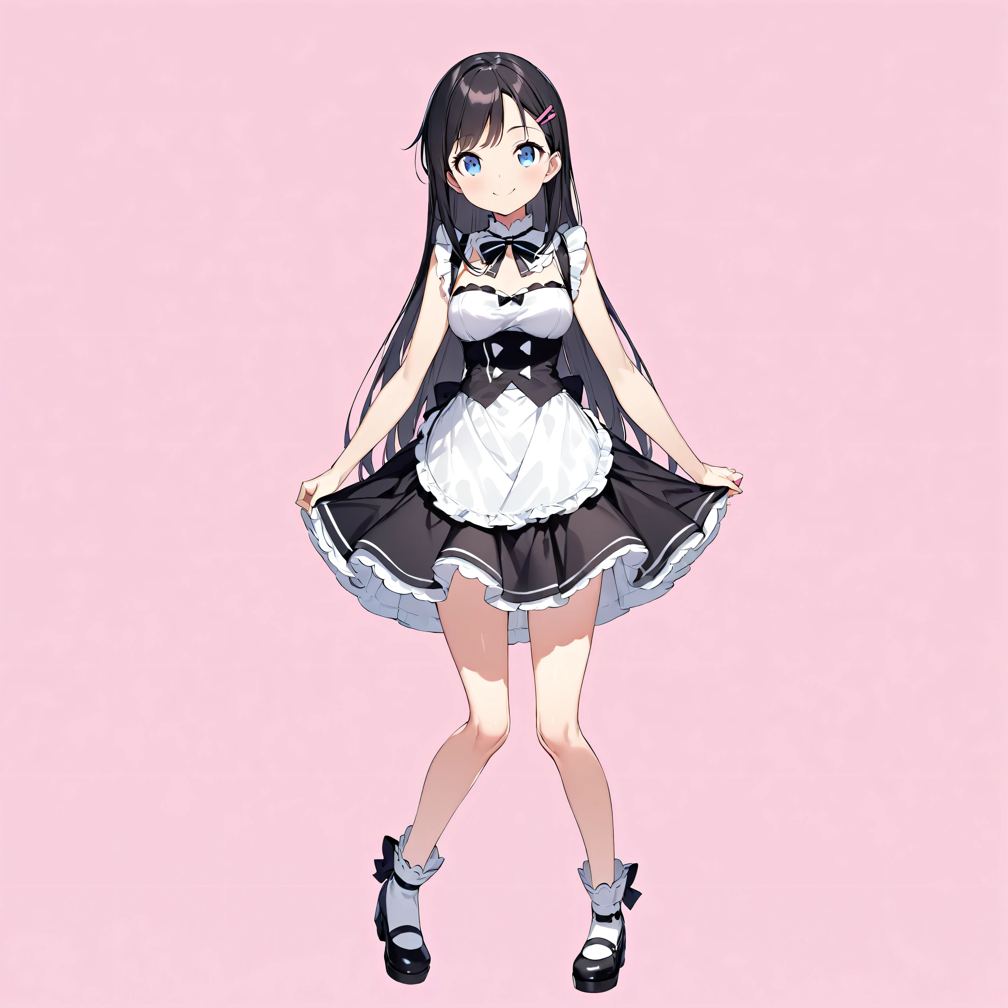 (masterpiece)、(Best Quality)、( high res)、( very detailed)、( best illustration )、(so beautiful:0.9)、(Very cute:0.9)、(Brighten the face:0.3)、
( high contrast:1)、
( head to toe、whole bodyの眺め)、In the center、
My sister can't This is cute, (Aragaki Ayase), (Ayase Aragaki), girl,
Long straight black hair、Long Hair、amount、(Hair Clip)、
Round face、(Detailed face)、(smile)、Shyness、
Beautiful breasts、Round Breasts、Round ass、
Perfect Anatomy、(Perfect slim legs)、(Two perfect arms)、Five Perfect Fingers、Big Blue Eyes、Narrow waist、
Delicate and smooth skin、Beautiful Skin、 textured skin、Healthy Skin、
One girl、whole body、
sexy、Charming、so beautiful少女、Very cute少女、
Maid uniform, Short skirt、ribbon、
Show me pink striped underwear 、White frilly underwear、Underwear with a small ribbon、
( skirt flip:1.1)、(Grab the skirt:1.1)、
( pink background :1.5)、
(Alone:1.5), (standing),
(whole bodyショット:1.5),
( to highlight muscles),
(ライト pink background :1.5),
(Black outline:0.2),