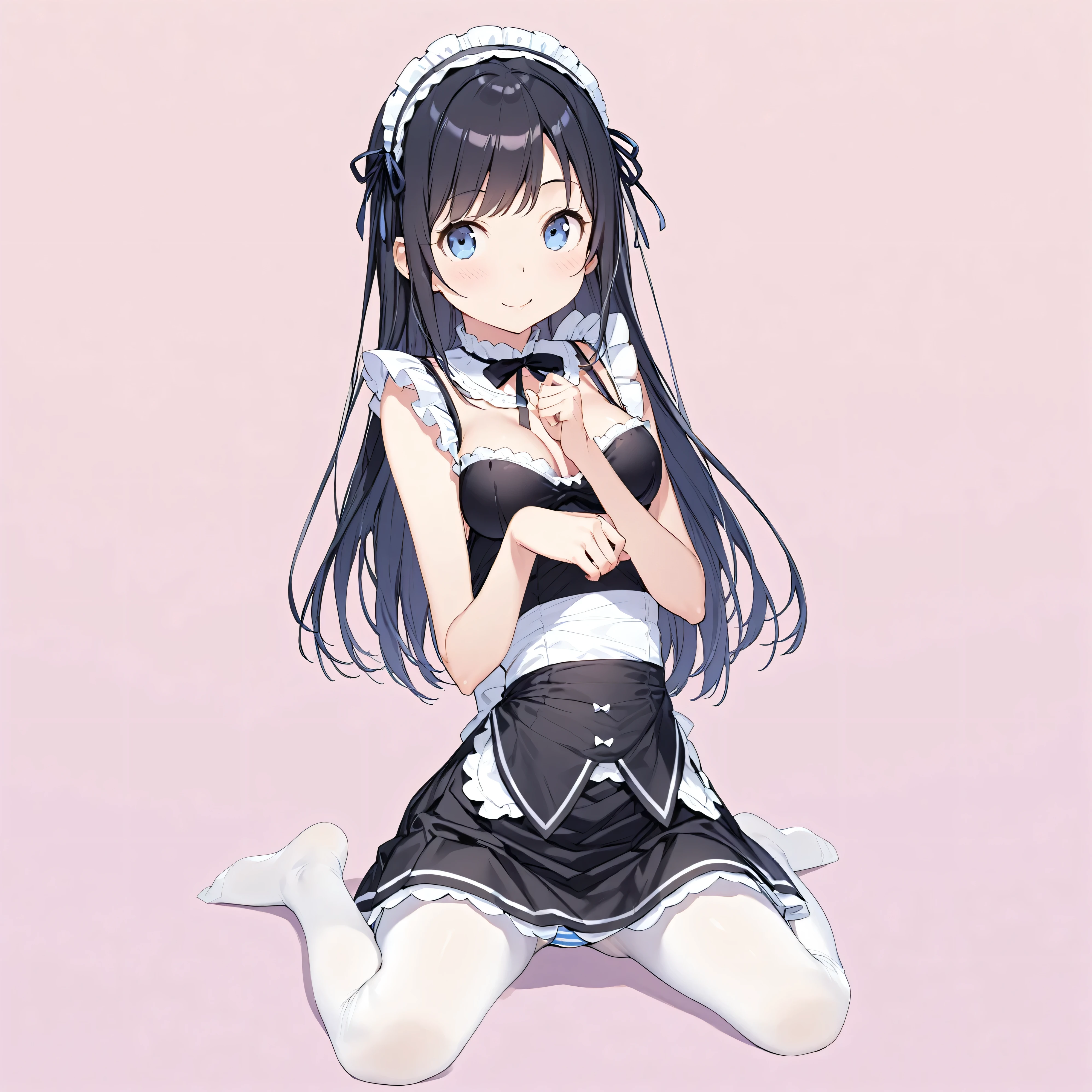 (masterpiece)、(Best Quality)、( high res)、( very detailed)、( best illustration )、(so beautiful:0.9)、(Very cute:0.9)、(Brighten the face:0.3)、
( high contrast:1)、(Perfect body)、
( head to toe:1.5、Full body view:1.5)、In the center、
(Ayase Arakaki)、
Round face、(Detailed face)、
(Long straight black hair)、Long Hair、bangs、(Hair Clip)、
(Detailed face)、(smile)、恥ずかしそうなsmile、
Beautiful breasts、Round Breasts、
Five Perfect Fingers、Big Blue Eyes、slender、Narrow waist、
Delicate and smooth skin、Beautiful Skin、 textured skin、
Alone、
Maid uniform、Short skirt、ribbon、Hairbands、( white pantyhose holding beer mugs)、
Striped blue panties、
Delicate fabric、
(Clevis:0.2)、
( skirt flip:0.7)、(Grab the skirt:0.7)、
( The name s printed on {x} Please sit with your feet apart )、(Crouching Stance)、(A composition showing underwear)、(Legs open、I can see her panties)、
(I was made to sit on the floor with my legs apart.)、
Shy and big-eyed、 lift it up to {x} and look at the camera、
(White pink background:1.5)、(White pink carpet)、
(Alone:1.5), (standing),
( to highlight muscles),
( White background :1.5),
staring at the viewer ,