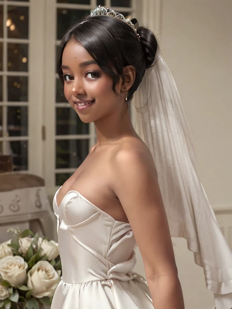 A Indian girl, black ponytail, (black skin:1.4), BREAK, baby face, standing, (satin princess dress, white wedding dress:1.4), BREAK, (wedd00ing:1.2), (tiny tits, tt_flat), ((shooting from side)), armpit, smiling,+ bedroom, 