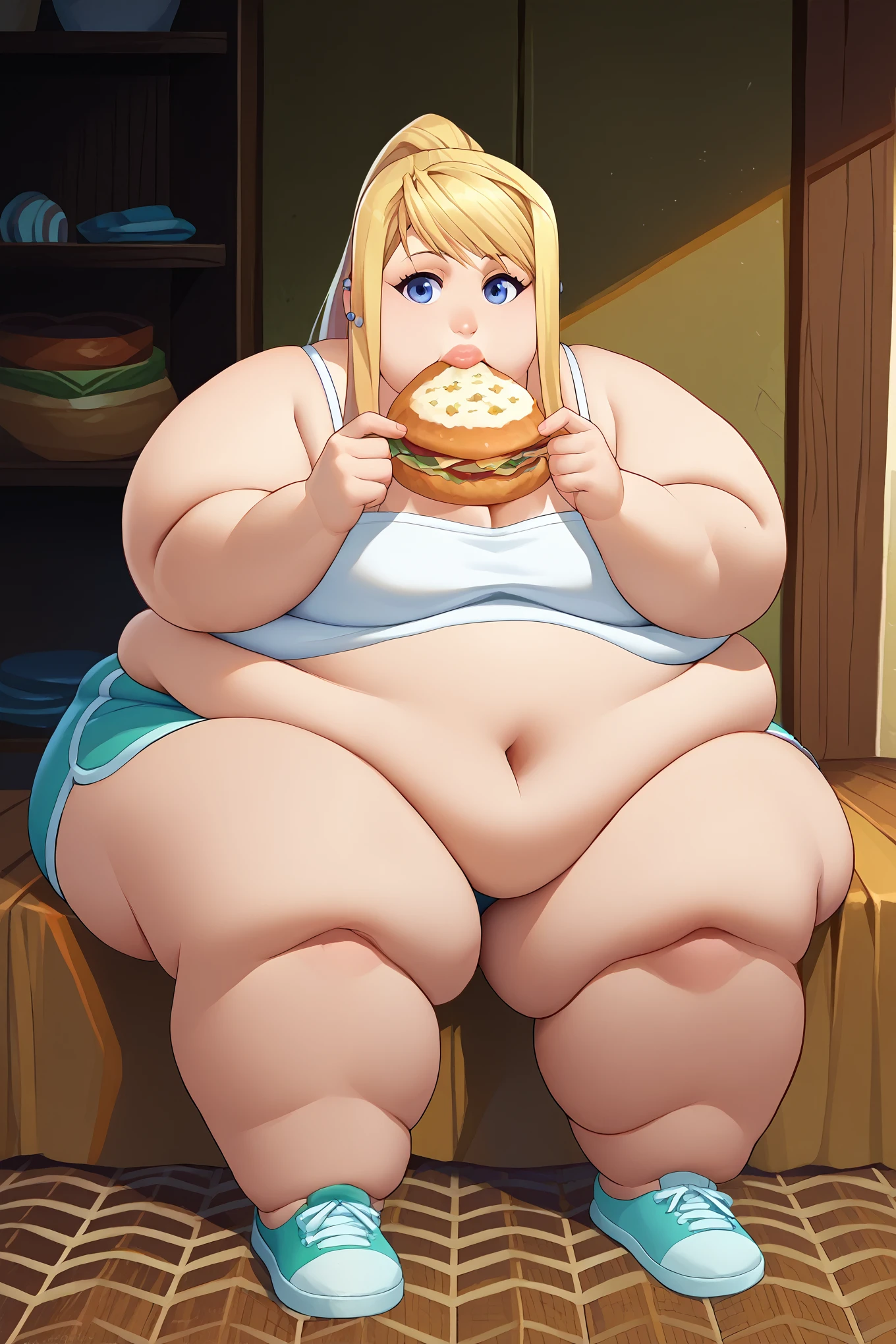 score_9, score_8_up, score_7_up, score_6_up, source_anime BREAK 1girl, solo  winry rockbell, blonde hair, earrings, ponytail, white camisole, frills, dolphin shorts, sitting, eating, looking at you, upper body, fat, chubby, obese, big lips, fat arms, fat legs, full body shot 