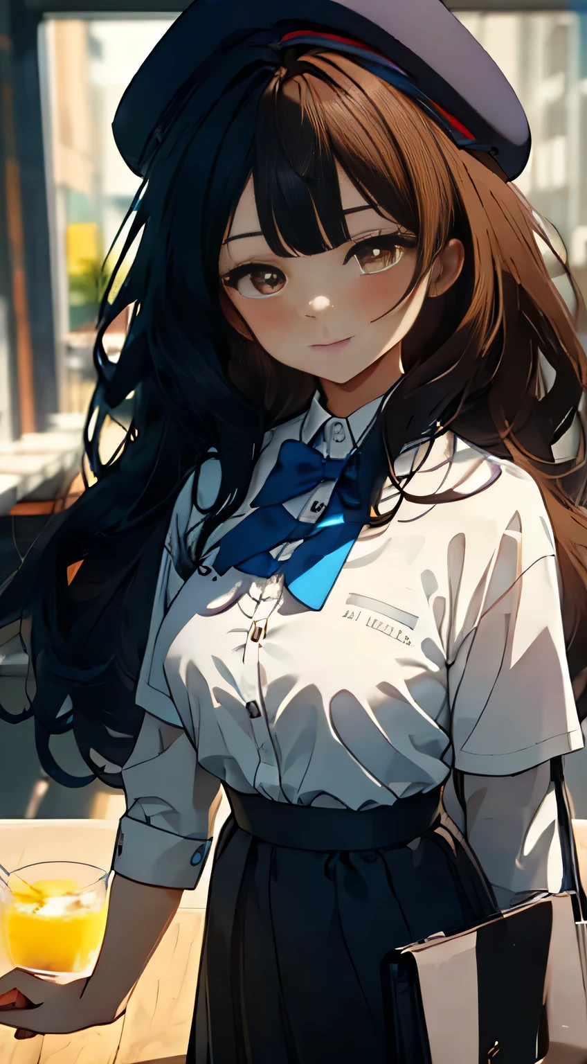 ccurate, anime character, room, Finest, High resolution, ( Full body view from head to toe ), forehead, symmetrical, 19 year old girl, alone, Pelo de color azul oscuro, slightly messy hair, long hair, blows, very beautiful 19-year-old girl, Big shy eyes, (Brown eyes:1.5), smile, collect, long hair, OL, black beret, white gloves, end, Black suit jacket, jacket with coll, throw, White Dress Shirt, pantimedias, tacos negros, Shirt with collar, neckline, button, correa, ID card on the neck, black pencil skirt, smile, blush, looking at the viewer, Charm, mechanic, on your computer, interior, BREAK indoors, BREAK (masterpiece:1.2), highest quality, high resolution, unit 8k wallpaper, Very detailed face, perfect lighting, Very detailed CG, (perfect hands, perfect anatomy), Surrealism, drop shadow, anaglyph, stereogram, tachi-e, atmospheric perspective, masterpiece, 8K, Super detail, best quality