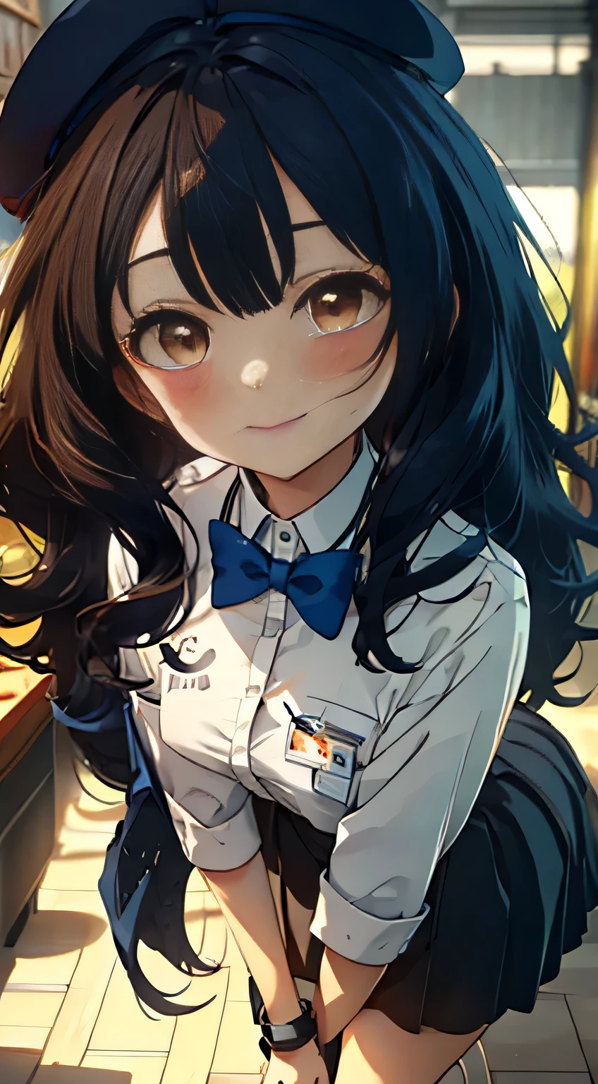 ccurate, anime character, room, Finest, High resolution, ( Full body view from head to toe ), forehead, symmetrical, 19 year old girl, alone, Pelo de color azul oscuro, slightly messy hair, long hair, blows, very beautiful 19-year-old girl, Big shy eyes, (Brown eyes:1.5), smile, collect, long hair, OL, black beret, white gloves, end, Black suit jacket, jacket with coll, throw, White Dress Shirt, pantimedias, tacos negros, Shirt with collar, neckline, button, correa, ID card on the neck, black pencil skirt, smile, blush, looking at the viewer, Charm, mechanic, on your computer, interior, BREAK indoors, BREAK (masterpiece:1.2), highest quality, high resolution, unit 8k wallpaper, Very detailed face, perfect lighting, Very detailed CG, (perfect hands, perfect anatomy), Surrealism, drop shadow, anaglyph, stereogram, tachi-e, atmospheric perspective, masterpiece, 8K, Super detail, best quality