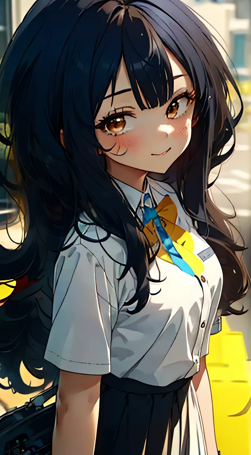 ccurate, anime character, room, Finest, High resolution, ( Full body view from head to toe ), forehead, symmetrical, 19 year old girl, alone, Pelo de color azul oscuro, slightly messy hair, long hair, blows, very beautiful 19-year-old girl, Big shy eyes, (Brown eyes:1.5), smile, collect, long hair, OL, black beret, white gloves, end, Black suit jacket, jacket with coll, throw, White Dress Shirt, pantimedias, tacos negros, Shirt with collar, neckline, button, correa, ID card on the neck, black pencil skirt, smile, blush, looking at the viewer, Charm, mechanic, on your computer, interior, BREAK indoors, BREAK (masterpiece:1.2), highest quality, high resolution, unit 8k wallpaper, Very detailed face, perfect lighting, Very detailed CG, (perfect hands, perfect anatomy), Surrealism, drop shadow, anaglyph, stereogram, tachi-e, atmospheric perspective, masterpiece, 8K, Super detail, best quality