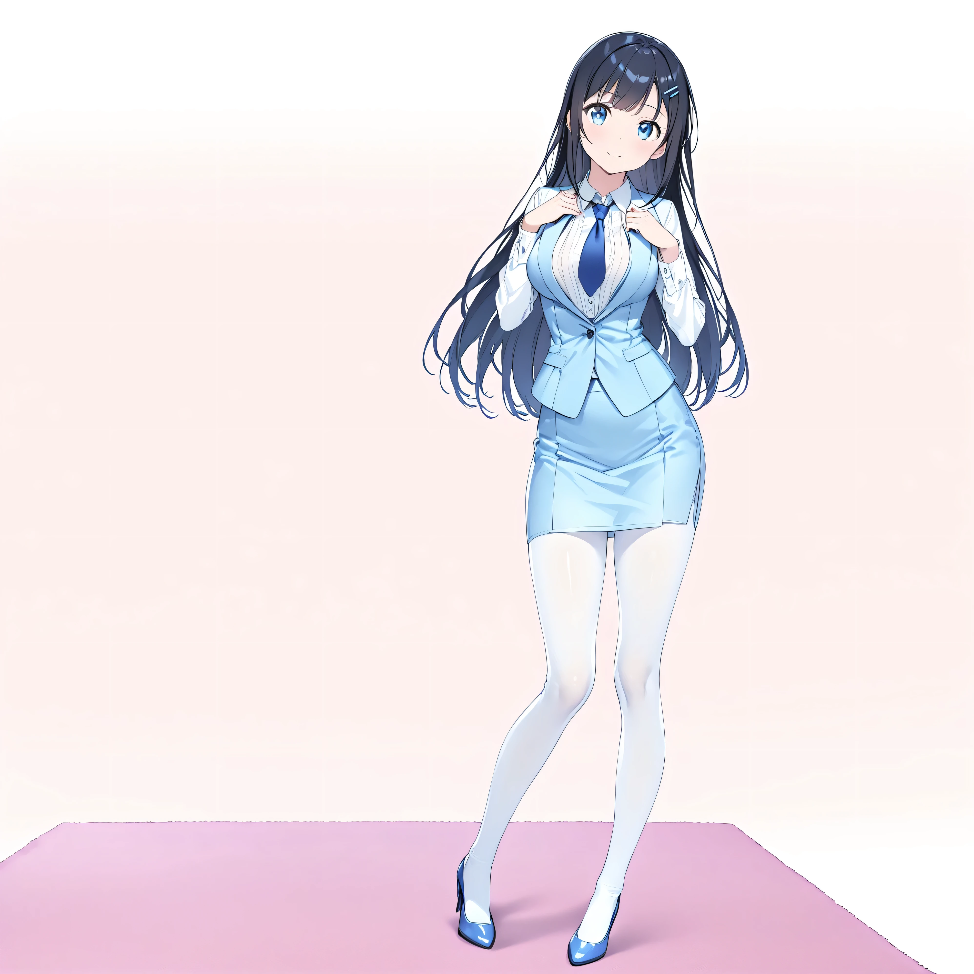 (masterpiece)、(Best Quality)、( high res)、( very detailed)、(so beautiful:0.9)、(Very cute:0.9)、(Brighten the face:0.3)、
( high contrast:1)、(perfect and beautiful hands and feet )、
( head to toe:1.5、Full body view:1.5)、In the center、
(Ayase Arakaki)、、
Round face、
(Long straight black hair)、Long Hair、bangs、(Hair Clip)、
(Detailed face:0.7)、(smile:1.0)、(High nose:0.3)、
Beautiful breasts、Round Breasts、
Five Perfect Fingers、Big Blue Eyes、slender、Narrow waist、
Delicate and smooth skin、Beautiful Skin、 textured skin、
Alone、
(Blue suit:(Suit jacket:1.2) + (Suit vest) + White blouse + slim pencil skirt + blue neckties )、( sheer white pantyhose + Blue High Heels )、
Delicate fabric、
(Clevis:0.0)、
shy and big eyes、
(White pink background:1.5)、(Pink carpet)、
(Alone:1.5), (standing),
( animated illustration of her in the style of a ),
( White background :1.5),
staring at the viewer ,