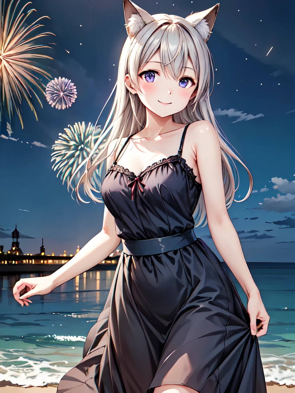 Best Quality, Very high quality, Eila Ilmatar、1 person, Alone、black fox ears 、Golden Hair、Long Hair、 very detailed face、smile、Closed Mouth,sea、beach、sea岸、night、綺麗なnight空、(firework,night空に咲く大輪のfirework:1.2)、 absolute reference to the center、Put your hands behind your back、(Dress, Long Skirt :1.5)、4Ｋ，8Ｋ,(Genuine、Genuine志向、写真Genuine志向:1.2）、 high res、超 high res、超 high resの絵画、 cowboy shot、
