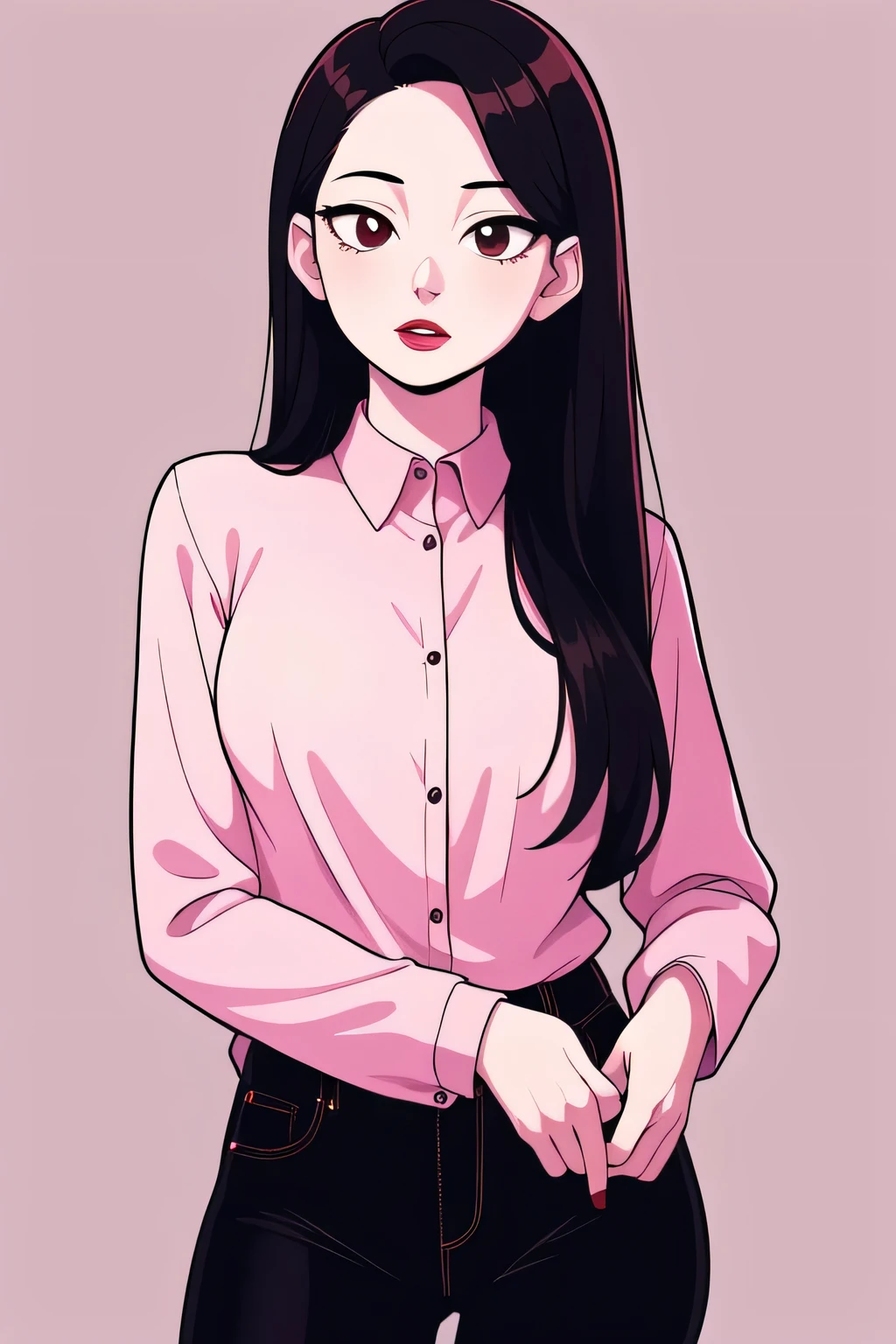 hotify,parted lips,pale skin,tight long sleeve shirt,pink shirt,check copyright,ooyari ashito,1girl,long hair,black jeans,red-lipstick female,black hair,non-web source,brown eyes,simple background,looking at viewer,solo,expressionless