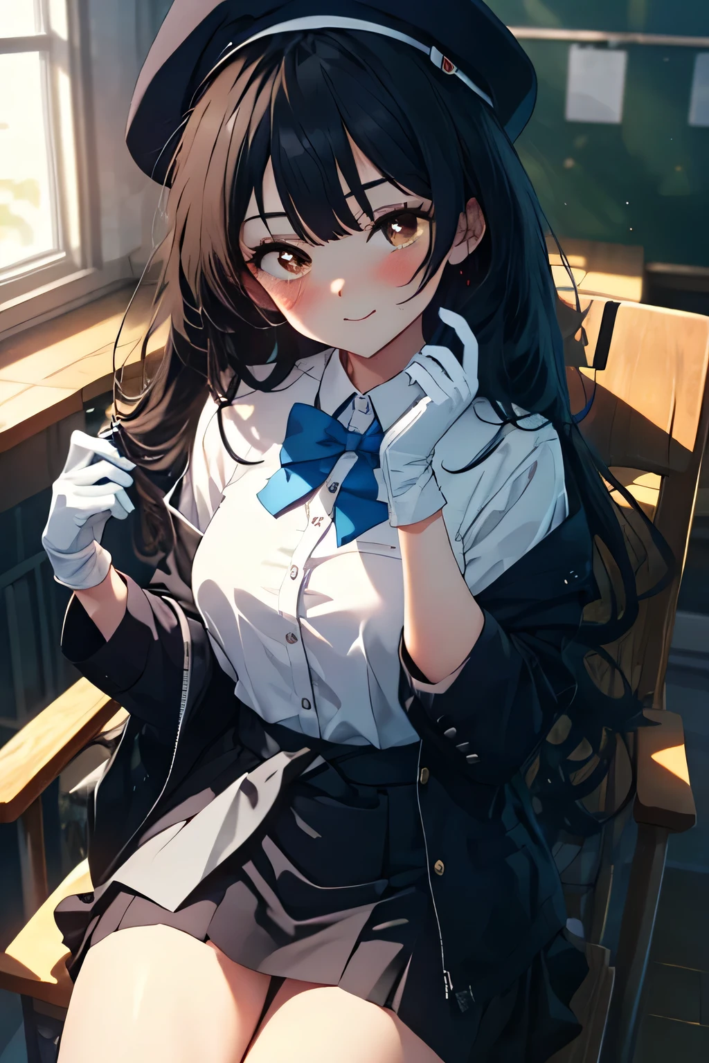 anime girl with a sword black hair, (brown eyes:1.5),(perfect eyebrows), smile,blush,collect,long hair, Black Beret, end, Jacket at the waist, jacket with collar, White Dress Shirt, collared shirt, white gloves, neckline, button, correa, ID card on the neck, black pencil skirt, school uniform, black sneakers with socks, smile, blush, looking at the viewer, Charm, mechanic,on your computer,Sitting on a chair, interior,Pausa de toque ciego looking at the viewer, BREAK indoors, aisle, BREAK (masterpiece:1.2), highest quality, High resolution, 8K Unit Wallpaper, (cipher:0.8), (Detailed and beautiful eyes.:1.6), Very detailed face, perfect lighting, Very detailed CG, (perfect hands, perfect anatomy),