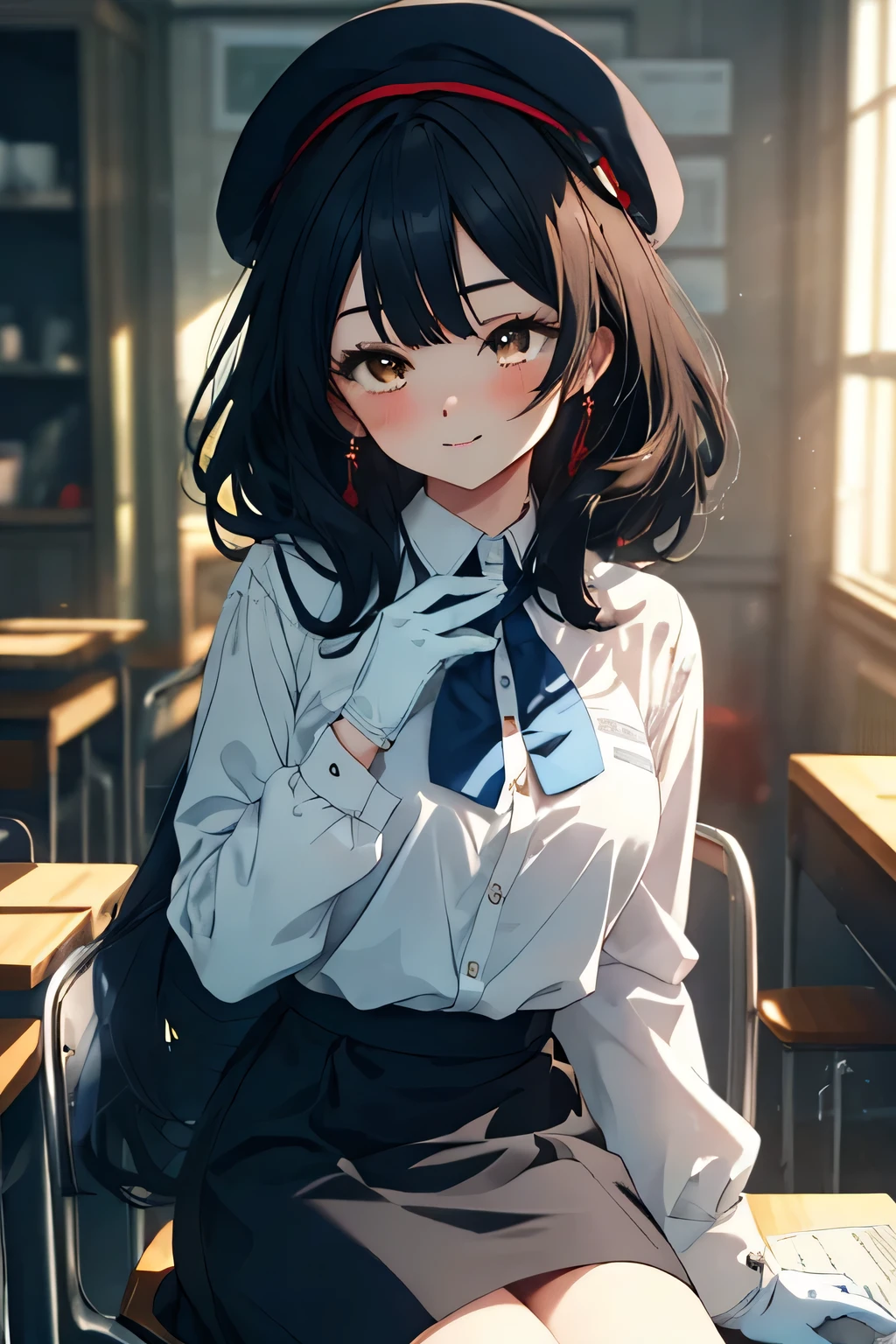 anime girl with a sword black hair, (brown eyes:1.5),(eyebrows,perfect foreheads ), smile,blush,collect,long hair, Black Beret, end, Jacket at the waist, jacket with collar, White Dress Shirt, collared shirt, white gloves, neckline, button, correa, ID card on the neck, black pencil skirt, school uniform, black sneakers with socks, smile, blush, looking at the viewer, Charm, mechanic,on your computer,Sitting on a chair, interior,Pausa de toque ciego looking at the viewer, BREAK indoors, aisle, BREAK (masterpiece:1.2), highest quality, High resolution, 8K Unit Wallpaper, (cipher:0.8), (Detailed and beautiful eyes.:1.6), Very detailed face, perfect lighting, Very detailed CG, (perfect hands, perfect anatomy),