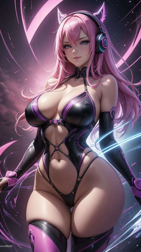 (best quality,4k,8k,highres,masterpiece:1.2),ultra-detailed, anime style, vapor wave aesthetic, line art, huge breasts, bimbo, Slim thicc waifu:1.5, bikini with harness, purple and hot pink background, setting sun, erotic pose:1.5, wearing large headphones, waifu, seductive expression:1.2, smile, vfx (Visual Effect) highlights the intricate anatomical features in a perfect way. sfx, complement visual art, immersing the viewer. The level of detail is inspiring, with intricate elements meticulously crafted, Volumetric effects add depth and dimension , and the photorealism is unmatched. The image is rendered in 8K resolution, ensuring super detailed visuals. Volumetric lightning adds a touch of magic, highlighting your beauty and the aura of a supernatural way . A tecnologia High Dynamic Range (HDR) makes the cores stand out, adding richness to the overall composition. Finally, this art presents an unreal portrait.