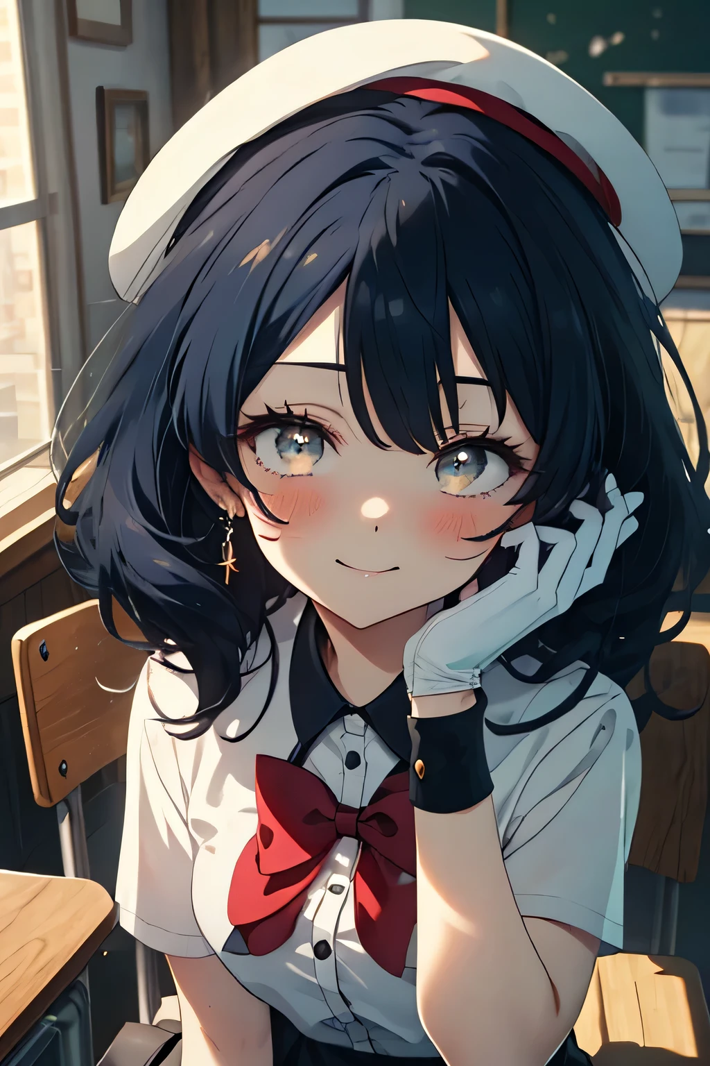 anime girl with a sword black hair, (brown eyes:1.5), smile,blush,collect,long hair, Black Beret, end, Shirt with collar, white gloves, neckline, button, correa, black pencil skirt, breeches, school uniform, black sneakers with white socks, smile, blush, looking at the viewer, Charm, mechanic,on your computer,Sitting on a chair, interior,Pausa de toque ciego looking at the viewer, BREAK indoors, aisle, BREAK (masterpiece:1.2), highest quality, High resolution, 8K Wallpaper Unit, (cipher:0.8), (Detailed and beautiful eyes.:1.6), Very detailed face, perfect lighting, Very detailed CG, (perfect hands, perfect anatomy),