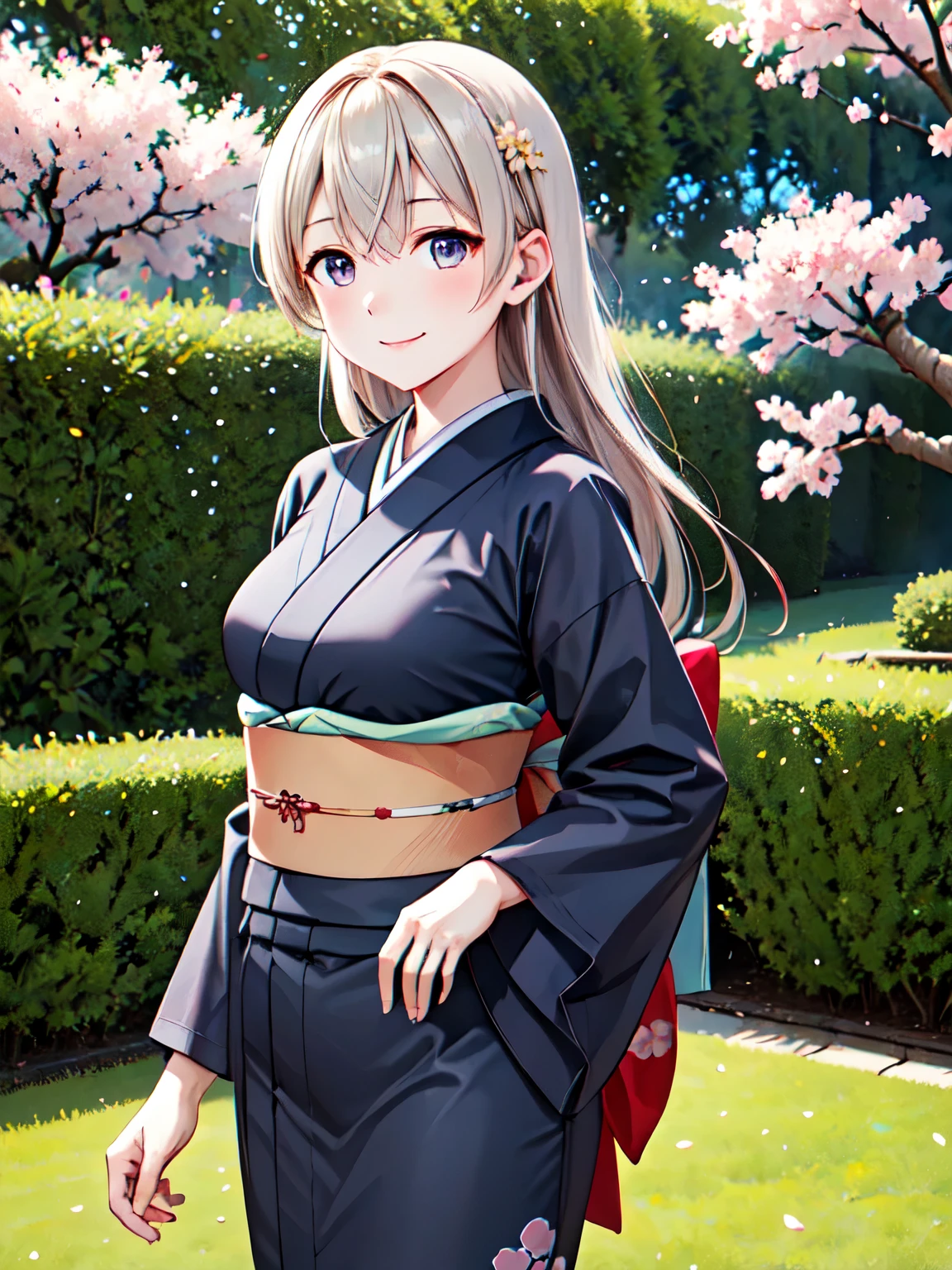 Best Quality,  very high quality, Eila Ilmatar、1 person, Alone、Golden Hair、Long Hair、 very detailed face、smile、Closed Mouth,garden、cherry blossoms、Beautiful cherry blossoms blooming beautifully 、stroll,(Japanese Kimono:1.3),　Highest quality、smile4Ｋ，8Ｋ,(Genuine、Genuine志向、写真Genuine志向:1.5）、 high res、超 high res、Ultra-high definition paintings、 Attractive beautiful eyes、 ( beautiful eyes drawn in detail:1.2), Ultra-detailed, figure, beautiful detailed eyes,