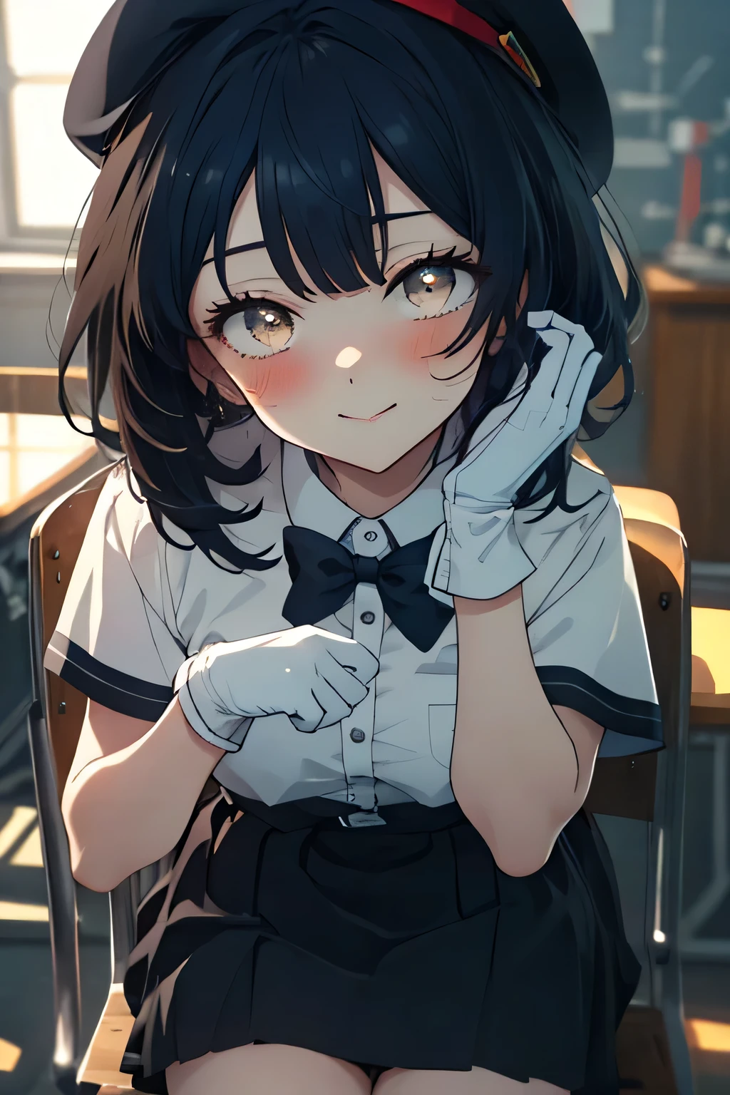 anime girl with a sword black hair, (brown eyes:1.5), smile,blush,collect,long hair, Black Beret, end, Shirt with collar, white gloves, neckline, button, correa, black pencil skirt, breeches, school uniform, black sneakers with white socks, smile, blush, looking at the viewer, Charm, mechanic,on your computer,Sitting on a chair, interior,Pausa de toque ciego looking at the viewer, BREAK indoors, aisle, BREAK (masterpiece:1.2), highest quality, High resolution, 8K Wallpaper Unit, (cipher:0.8), (Detailed and beautiful eyes.:1.6), Very detailed face, perfect lighting, Very detailed CG, (perfect hands, perfect anatomy),