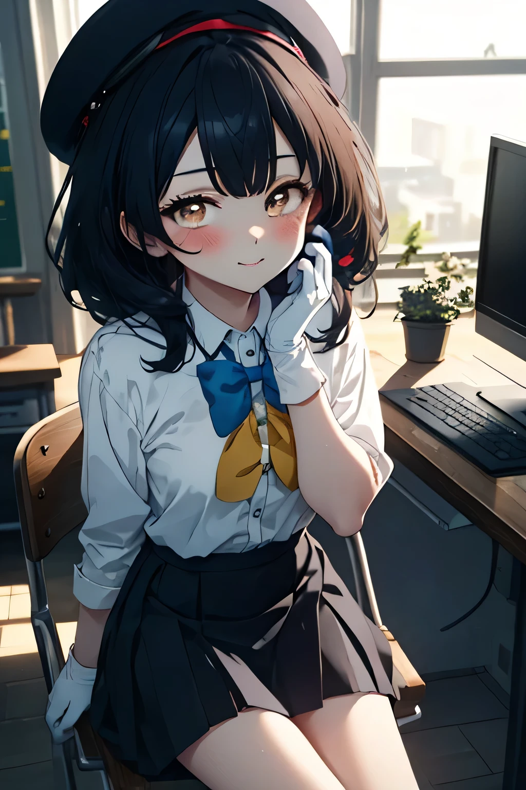 anime girl with a sword black hair, (brown eyes:1.5), smile,blush,collect,long hair, Black Beret, end, Shirt with collar, white gloves, neckline, button, correa, black pencil skirt, breeches, school uniform, black sneakers with white socks, smile, blush, looking at the viewer, Charm, mechanic,on your computer,Sitting on a chair, interior,Pausa de toque ciego looking at the viewer, BREAK indoors, aisle, BREAK (masterpiece:1.2), highest quality, High resolution, 8K Wallpaper Unit, (cipher:0.8), (Detailed and beautiful eyes.:1.6), Very detailed face, perfect lighting, Very detailed CG, (perfect hands, perfect anatomy),