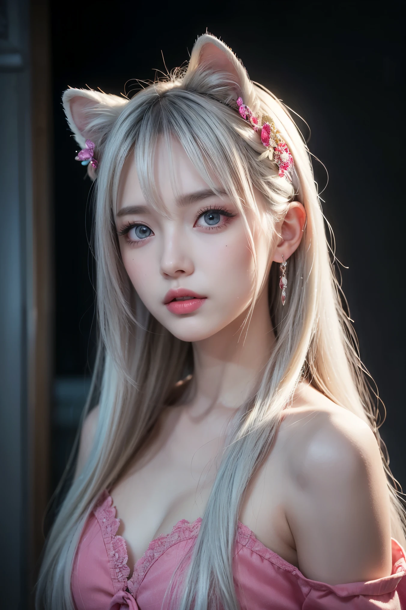 photorealistic,Realistic illustration in Modelshoot style,((masterpiece)),((The best quality)),((Ultra Quality)),((ultra detailed)),((1girl long white hair)),((Only)),((waifu:1.5)),Perfect anatomy,perfect hands,beautiful cuerpo,beautiful_method,ulzzang-6500-v1,e-chica,((Exceptionally Beauty Waifu Princess)), intricate details, realist, photorealist, Full Body Portrait, Instagram Photo of a woman wearing aretes, Mary R., inspired by Emma Andijewska, wrapped in crystals,(masterpiece:1.3), (Best Quality:1.3), (Ultra-detailed:1.2), ((kawaii)), Cute, (lovely), ((sexy)), ((Extremely detailed)), 4K, (8K), Best Quality, (Beautiful), Illustration, anime style, (bold line:1.2), Gradation,(best quality, ultra-detailed, photorealistic: 1.39), bright and vibrant colors, studio lighting, (Perfect eyes:1.2), (Perfect iris:1.2), romantic kawaii expression, cute delicate smile, kawaii makeup, 1 e-girl, short red dress, platinum braided and curl white hair, cat ears, big breasts, fit, long wavy hair, mercenary, Mary R.,((bright-pink_eyes)),long wavy hair, ((white hair)),hair clips,eyeliner,cute makeup,lipstick,Glossy lipstick,with a look of terror, worry and sadness,((eyes detallados perfectos)),rainy with fog outside,evening,pink theme,bioluminiscencia,light particles,((Extremely CG Unity 8K Wallpaper)),((cinematic lighting,Best quality lights)),intricate details,Suave,sharp focus,Extremely beautiful and aesthetic,Octane rendering,Full length portrait,damp skin,((Perfect detailed body)),