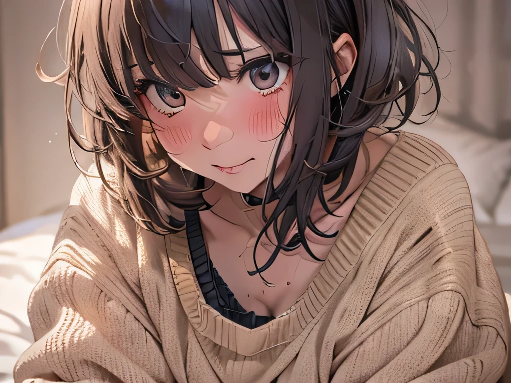 ultra-detailed、(8k, RAW photo, best quality, masterpiece:1.2), (extremely detailed 8k wallpaper),professional lighting,sharp focus, depth of field,((beautiful 1 women)),(gal),((((face close up)))),(((A very large, baggy, oversized black sweater、pantyhose,clavicle))),(((Short bangs、forehead))),((short bob hair))、(((Beautiful Eyes、Squint your eyes))),((((painful、blush、orgasm、sexy))))、,(((cowgirl position、The crotch is covered by the hem of the sweater))),(((Tilt your face、Invite)))、(bed)、(((Heavy sweating)))、((Dynamic Range))