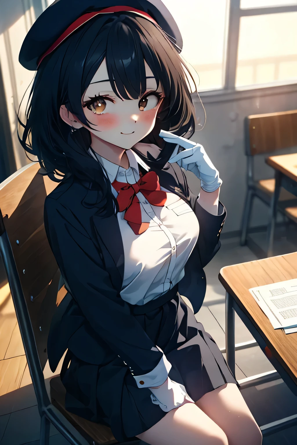 anime girl with a sword black hair, (brown eyes:1.5), smile,blush,collect,long hair, Black Beret, end, Jacket at the waist, jacket with collar, White Dress Shirt, Shirt with collar, white gloves, neckline, button, correa, ID card on the neck, black pencil skirt, school uniform, black sneakers with socks, smile, blush, looking at the viewer, Charm, mechanic,on your computer,Sitting on a chair, interior,Pausa de toque ciego looking at the viewer, BREAK indoors, aisle, BREAK (masterpiece:1.2), highest quality, High resolution, 8K Wallpaper Unit, (cipher:0.8), (Detailed and beautiful eyes.:1.6), Very detailed face, perfect lighting, Very detailed CG, (perfect hands, perfect anatomy),