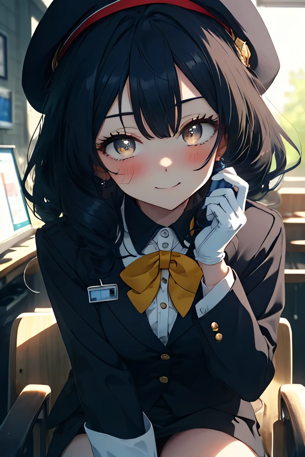 anime girl with a sword black hair, (brown eyes:1.5), smile,blush,collect,long hair, Black Beret, end, Black suit jacket, jacket with collar, White Dress Shirt, Shirt with collar, white gloves, neckline, button, correa, ID card on the neck, black pencil skirt, school uniform, black sneakers with socks, smile, blush, looking at the viewer, Charm, mechanic,on your computer,Sitting on a chair, interior,Pausa de toque ciego looking at the viewer, BREAK indoors, aisle, BREAK (masterpiece:1.2), highest quality, High resolution, 8K Wallpaper Unit, (cipher:0.8), (Detailed and beautiful eyes.:1.6), Very detailed face, perfect lighting, Very detailed CG, (perfect hands, perfect anatomy),