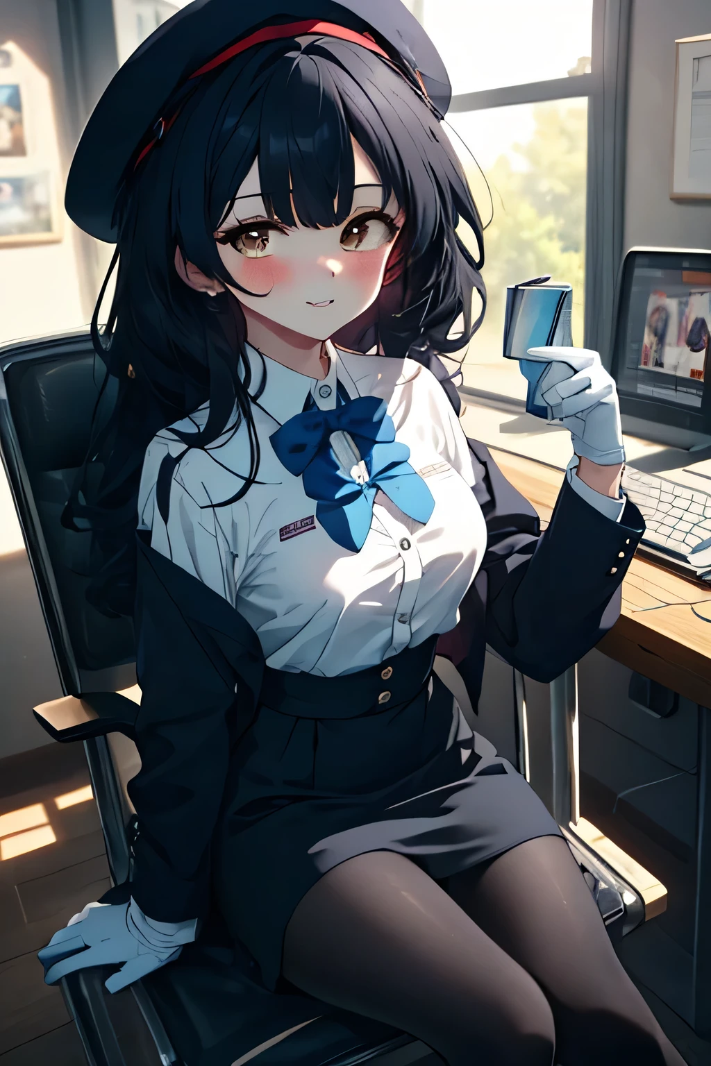 anime girl with a sword black hair, (brown eyes:1.5), smile,blush,collect,long hair, Black Beret, end, Black suit jacket, jacket with collar, White Dress Shirt, Shirt with collar, white gloves, neckline, button, correa, ID card on the neck, black pencil skirt, black pantyhose,black heels, smile, blush, looking at the viewer, Charm, mechanic,on your computer,Sitting on a chair, interior,Pausa de toque ciego looking at the viewer, BREAK indoors, aisle, BREAK (masterpiece:1.2), highest quality, High resolution, 8K Wallpaper Unit, (cipher:0.8), (Detailed and beautiful eyes.:1.6), Very detailed face, perfect lighting, Very detailed CG, (perfect hands, perfect anatomy),