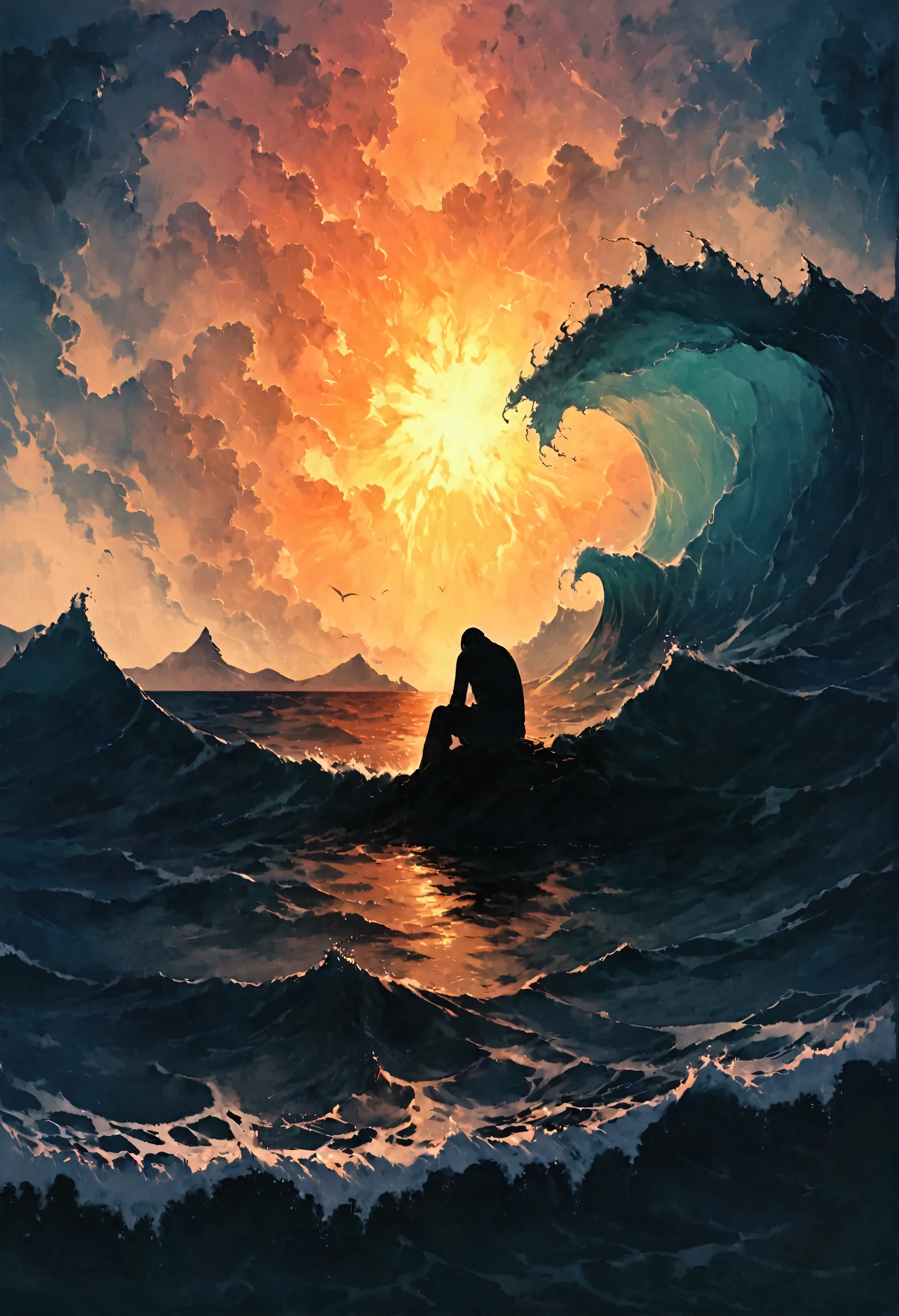 Visualize the person sitting on the edge of an abstract, turbulent ocean. The waves are towering, curling upwards aggressively with a dynamic intensity, each crest and trough painted with aggressive strokes of blues, grays, and whites. The person is at the center of this storm, head in their hands, barely maintaining their position against the stormy fury that represents the upheaval of their emotions. The backdrop should extend infinitely, a seamless blend of sky and sea, creating a horizon that speaks of endlessness and ambiguity. The figure should appear almost ghostly, a faint outline against the vigorous waves, as if they are at the brink of being swallowed by the raging ocean. This tumultuous environment captures the relentless onslaught of despair and the struggle to find balance and peace amidst chaos.