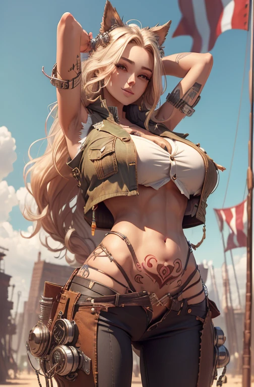 Woman with cybernetic body parts, shorts, (((huge breasts: 1.2))), beautiful face, masterpiece, stylish hairstyle, (Model pose, from front), ((flag background)), ((looking at viewers, facing the viewers)), slim body, (((slim waist))), (((masterpiece))), hd picture, beautiful face, bare navel, outdoor scenery, sky, clouds, blonde, (((long hair))), (((ultra detail face))), ((unbuttoned bottom, womb tattoo)), standing, (spread legs), smile, (black bottom), (wide hips), arms up, BREAK (((loose cropped vest: 1.2)))
