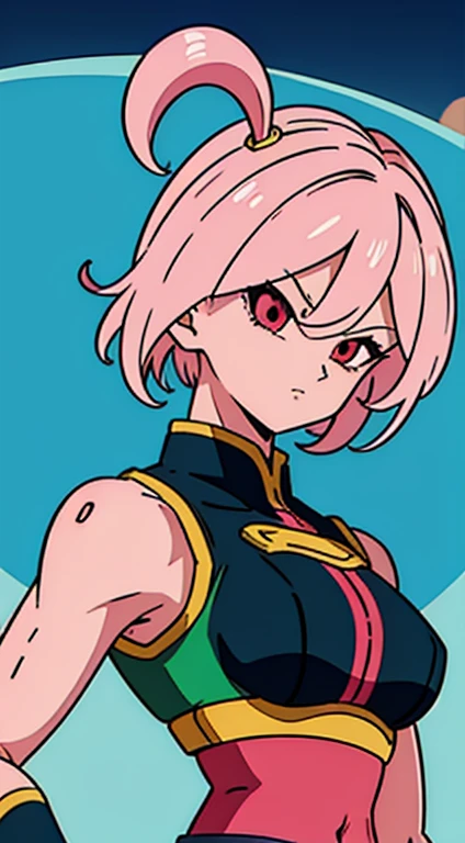 Create a character from Dragon Ball Xenoverse of the Majin race with a smooth, solid pink hair. The hair is shoulder-length, styled in a sleek bob with no visible strands or texture, giving it a rubbery, polished look typical of the Majin race. The hair is parted symmetrically down the middle and curves slightly inward toward the face at the ends, framing the character's head in a rounded, helmet-like style. The character has pale pink skin, red eyes with two red facial markings on the cheeks, and wears a green cape tied at the front over a sleeveless top, exposing the midriff. Focus on keeping the hair in a uniform, solid shape with no ponytails or human-like strands, staying true to the Majin aesthetic.