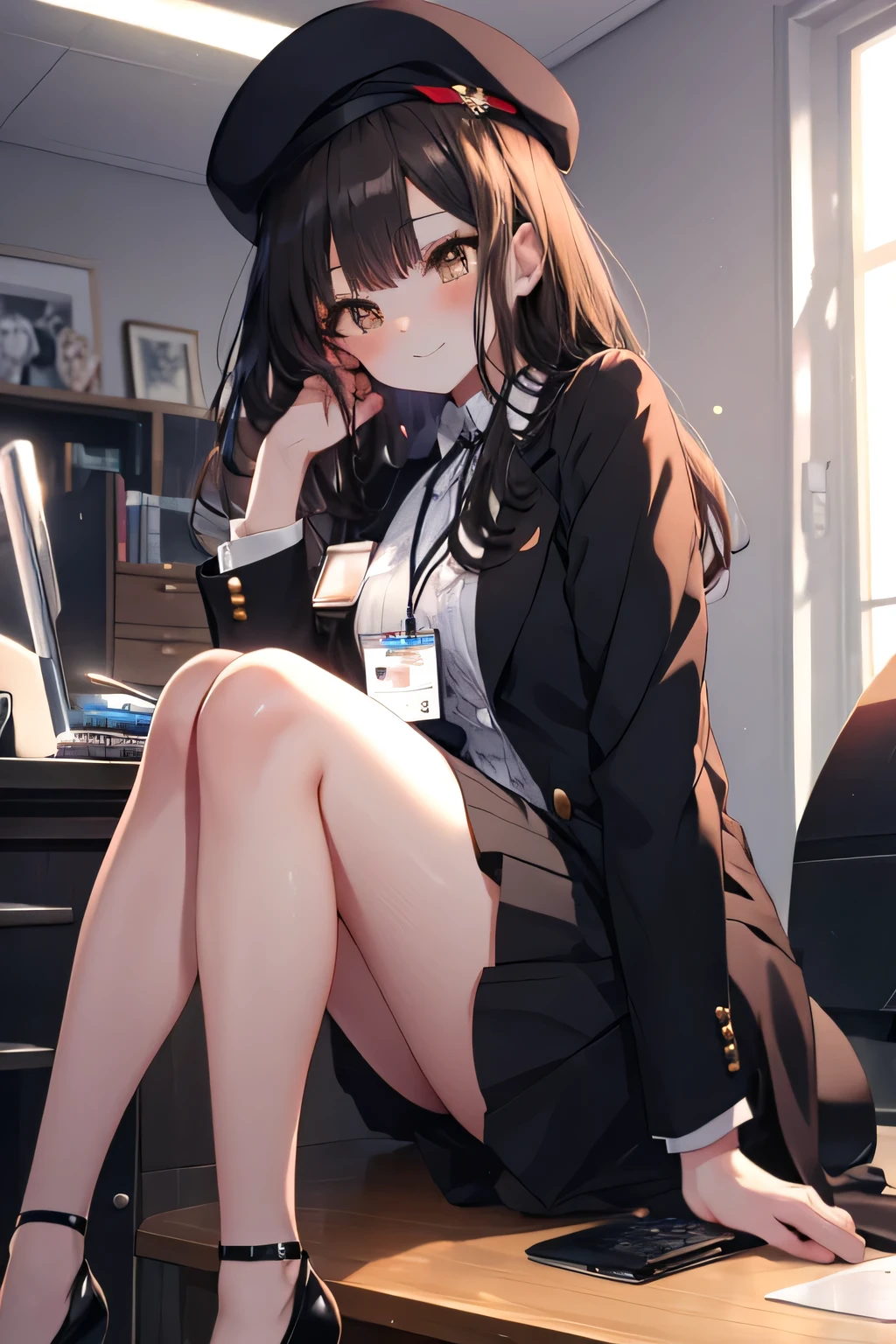 anime girl with a sword black hair, (brown eyes:1.5), smile,blush,collect,long hair, Black Beret, end, Black suit jacket, jacket with collar, White Dress Shirt, Shirt with collar, neckline, button, correa, ID card on the neck, black pencil skirt, black stockings,black heels, smile, blush, looking at the viewer, Charm, mechanic,on your computer,Sitting on a chair, interior,Pausa de toque ciego looking at the viewer, BREAK indoors, aisle, BREAK (masterpiece:1.2), highest quality, High resolution, 8K Wallpaper Unit, (cipher:0.8), (Detailed and beautiful eyes.:1.6), Very detailed face, perfect lighting, Very detailed CG, (perfect hands, perfect anatomy),