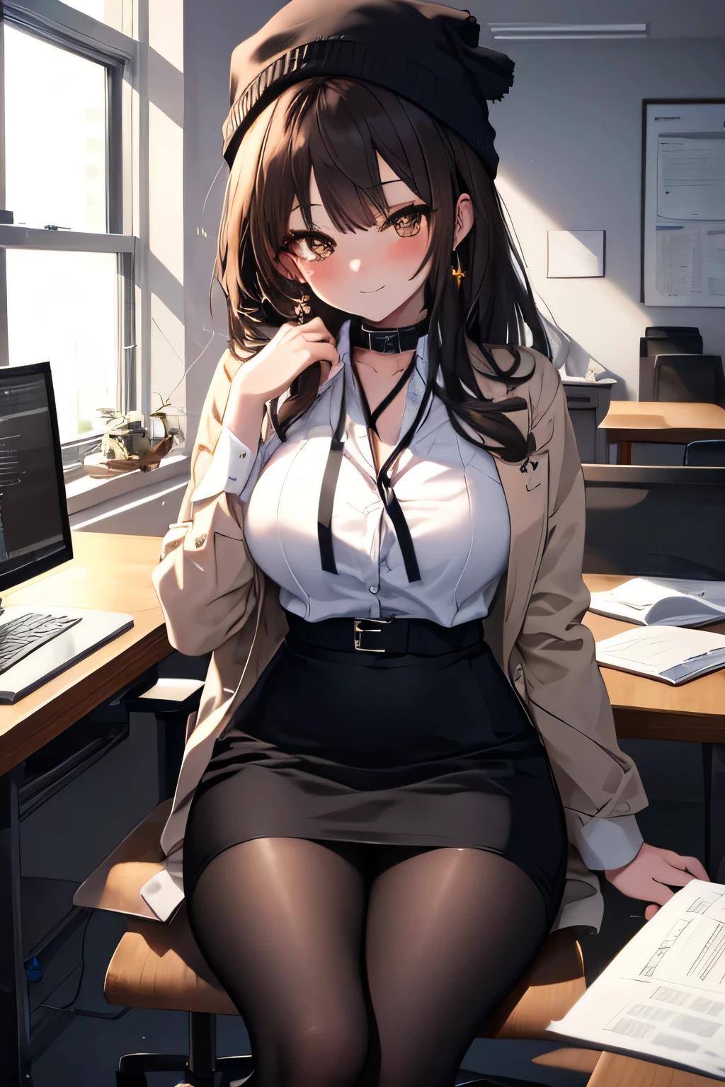 anime girl with a sword black hair, (brown eyes:1.5), smile,blush,collect,long hair, end, Black suit jacket, jacket with collar, White Dress Shirt, Shirt with collar, neckline, button, correa, ID card on the neck, black pencil skirt, black stockings,black heels, smile, blush, looking at the viewer, Charm, mechanic,on your computer,Sitting on a chair, interior,Pausa de toque ciego looking at the viewer, BREAK indoors, office, BREAK (masterpiece:1.2), highest quality, High resolution, 8K Wallpaper Unit, (cipher:0.8), (Detailed and beautiful eyes.:1.6), Very detailed face, perfect lighting, Very detailed CG, (perfect hands, perfect anatomy),