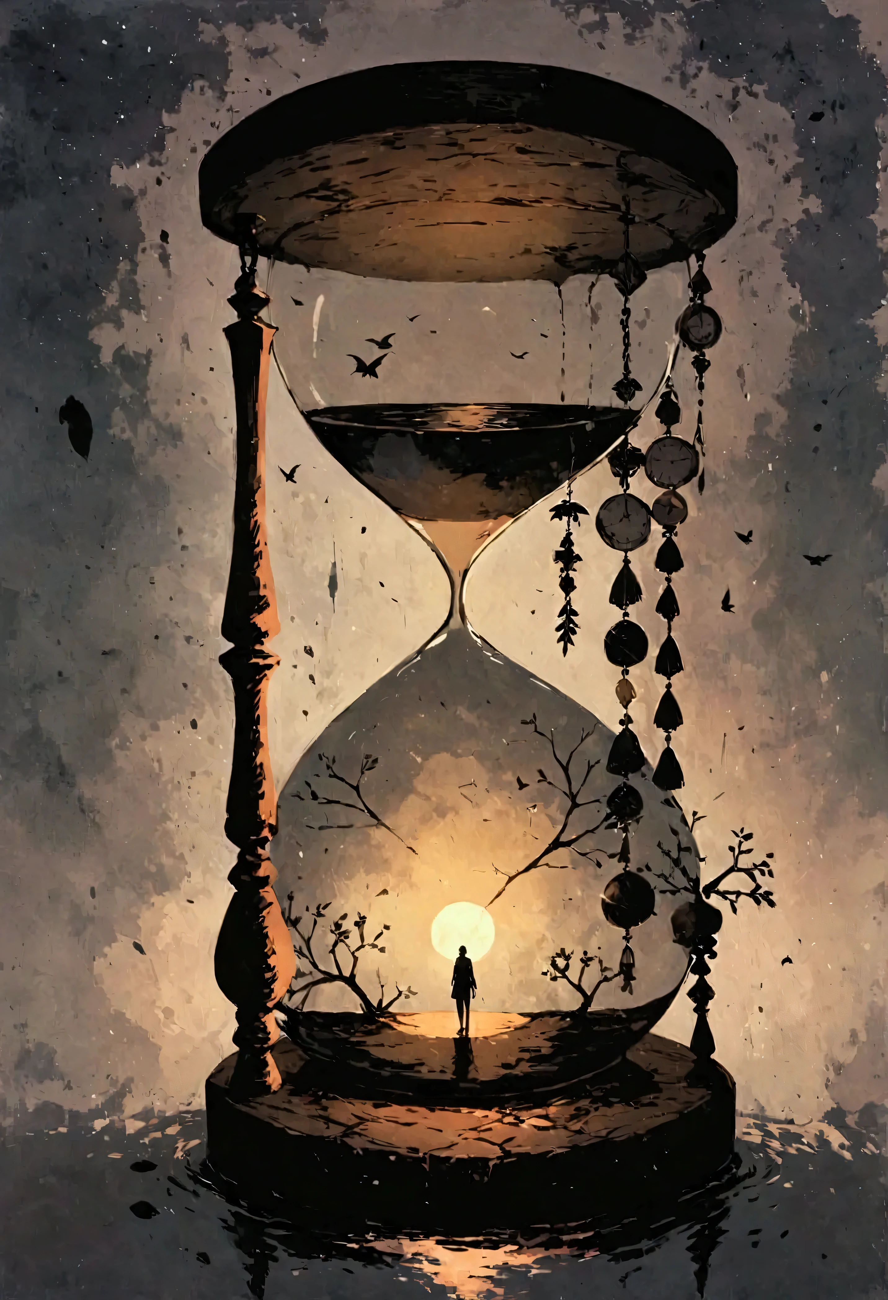 Visualize an enormous hourglass suspended in space, symbolizing time slipping inexorably away. Instead of sand, imagine the flowing material to be a dense, inky black substance that drips relentlessly downward, leaving behind an empty void in its upper chamber. Each drop echoes the passage of time and dreams unfulfilled. Within the confines of the glass, scenes of life—vividly colorful but rapidly fading—depict glimpses of hope constrained by the inevitability of time’s passage. Around the hourglass, wisps of fog or smoke float, enhancing the ephemeral nature of existence. The base of the hourglass must not be solid; instead, it fragments and crumbles, depicting the foundation of life eroding under the weight of despair. Intertwine muted earth tones with ghostly grayscale to convey the creeping inevitability of time’s end. Allow cracks to form or phantom cracks to suggest fragility, hinting that even the vessel of time cannot withstand the pressure of accumulated despair. The background should be suffocatingly vast yet empty, emphasizing isolation.