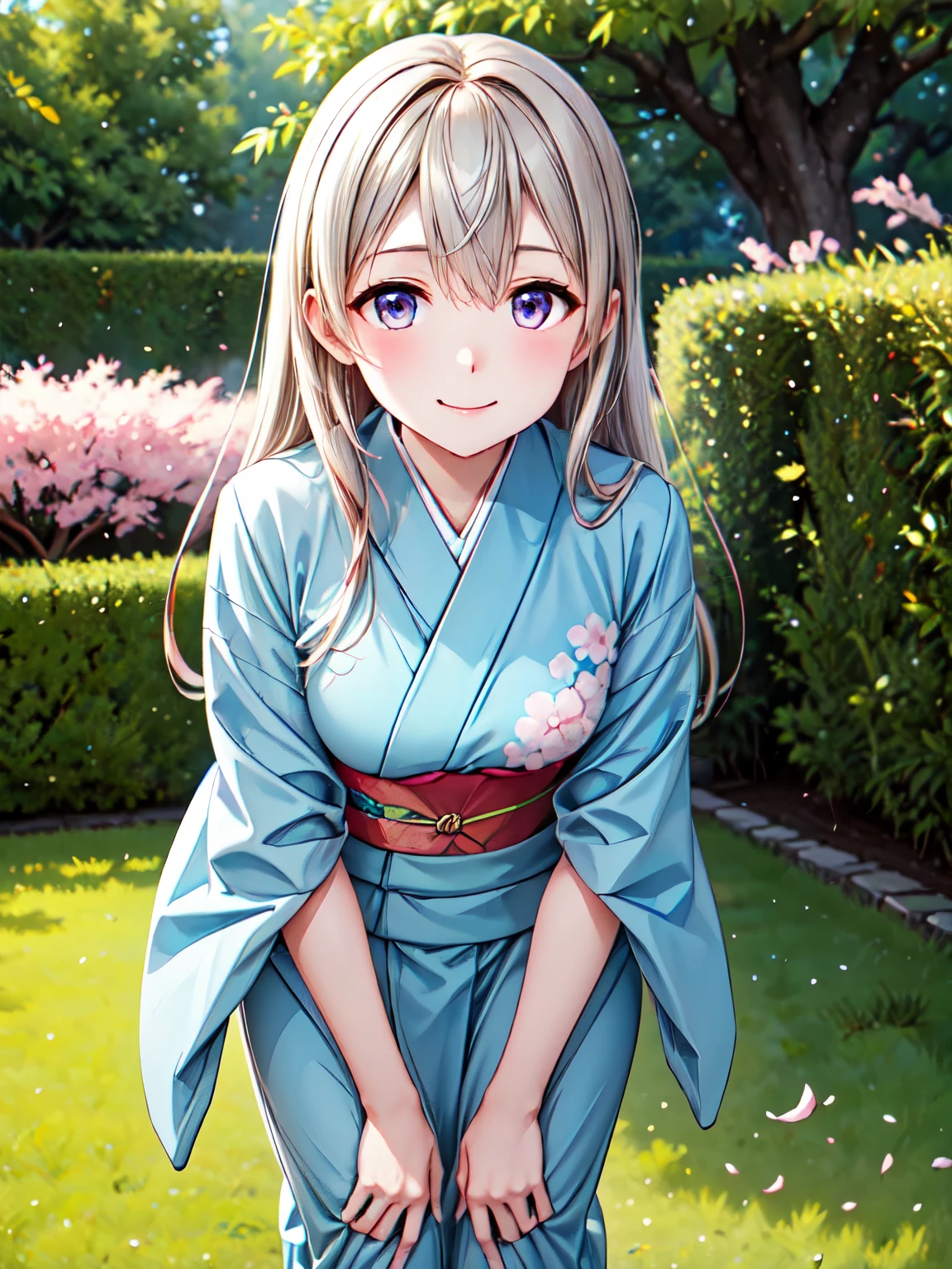 Best Quality, Very high quality, Eila Ilmatar、1 person, Alone、Golden Hair、Long Hair、 very detailed face、smile、Closed Mouth,garden、cherry blossoms、Beautiful cherry blossoms blooming beautifully 、stroll,(Japanese Kimono:1.3),　Highest quality、smile4Ｋ，8Ｋ,(Genuine、Genuine志向、写真Genuine志向:1.5）、 high res、超 high res、Ultra-high definition paintings、 Attractive beautiful eyes、 ( beautiful eyes drawn in detail:1.2), Ultra-detailed, figure, beautiful detailed eyes,Leaning forward:1.5